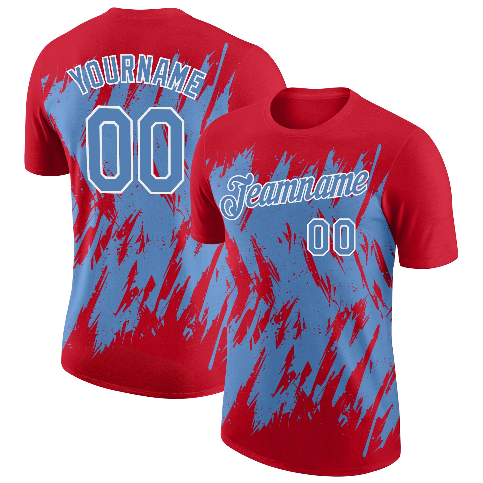 Custom Red Light Blue-White Torn Sharp Brush Stroke Splatter Performance T-Shirt