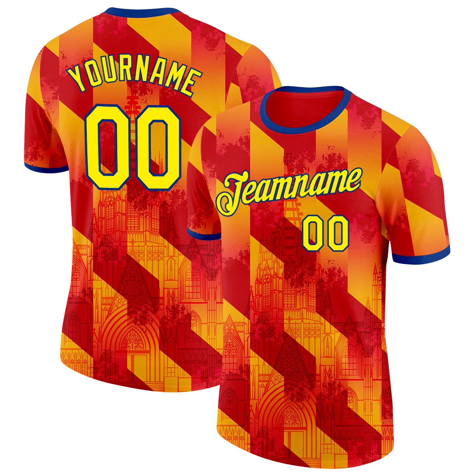 Custom Red Light Yellow-Royal Spain Diagonal Stripe Gothic Performance T-Shirt