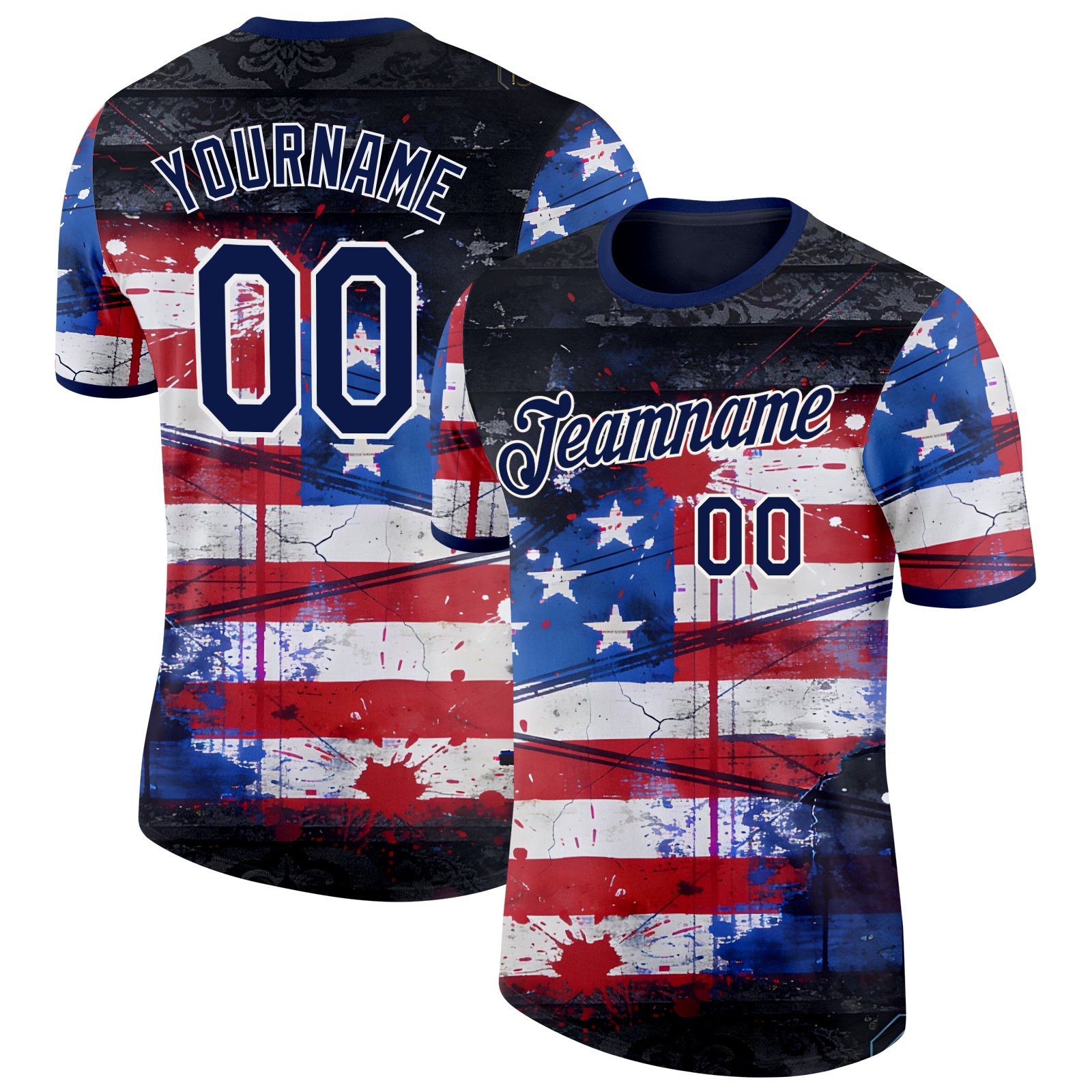 Custom Red Navy Blue Black-White USA Flag Splash Performance T-Shirt