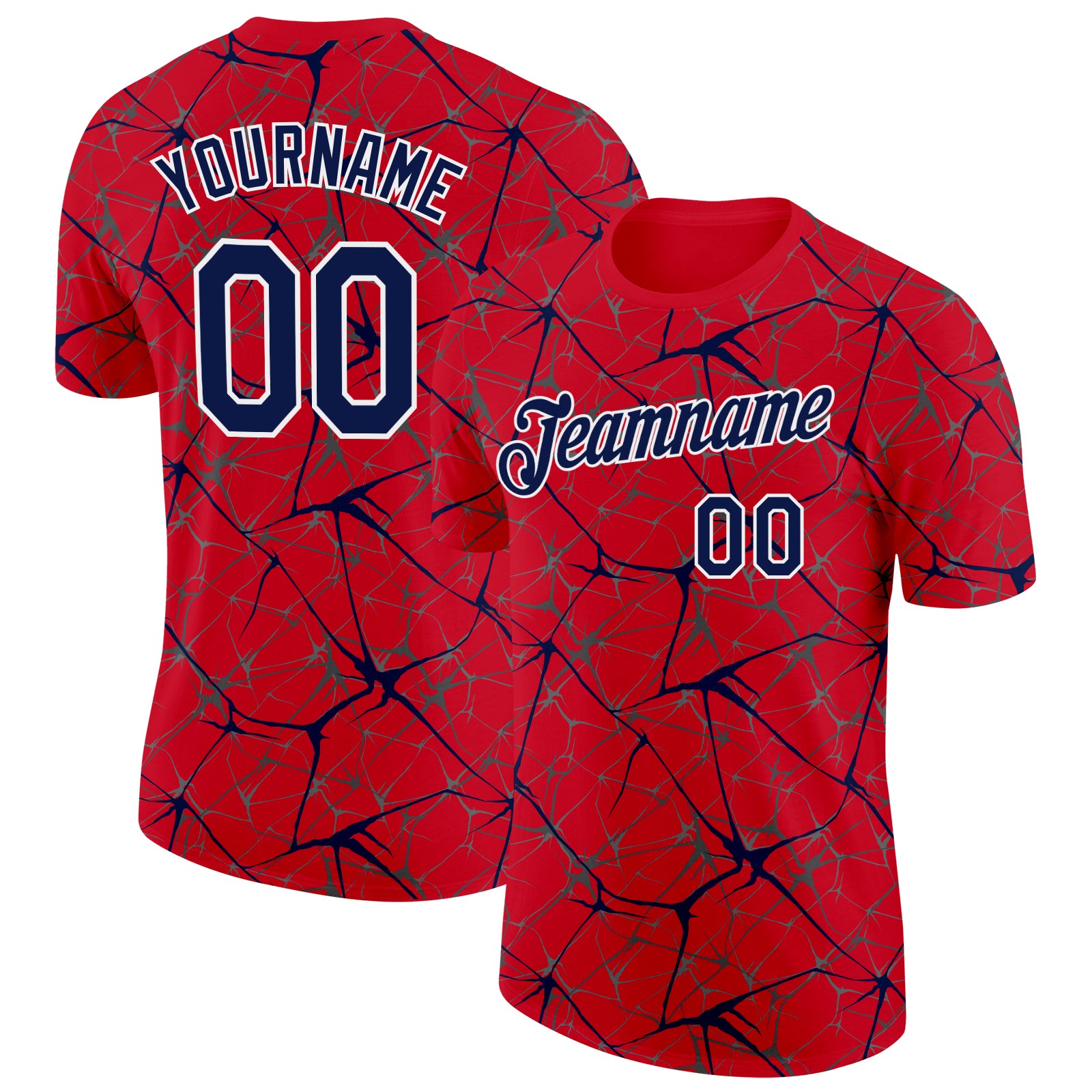 Custom Red Navy Gray-White Abstract Network Crackle Performance T-Shirt