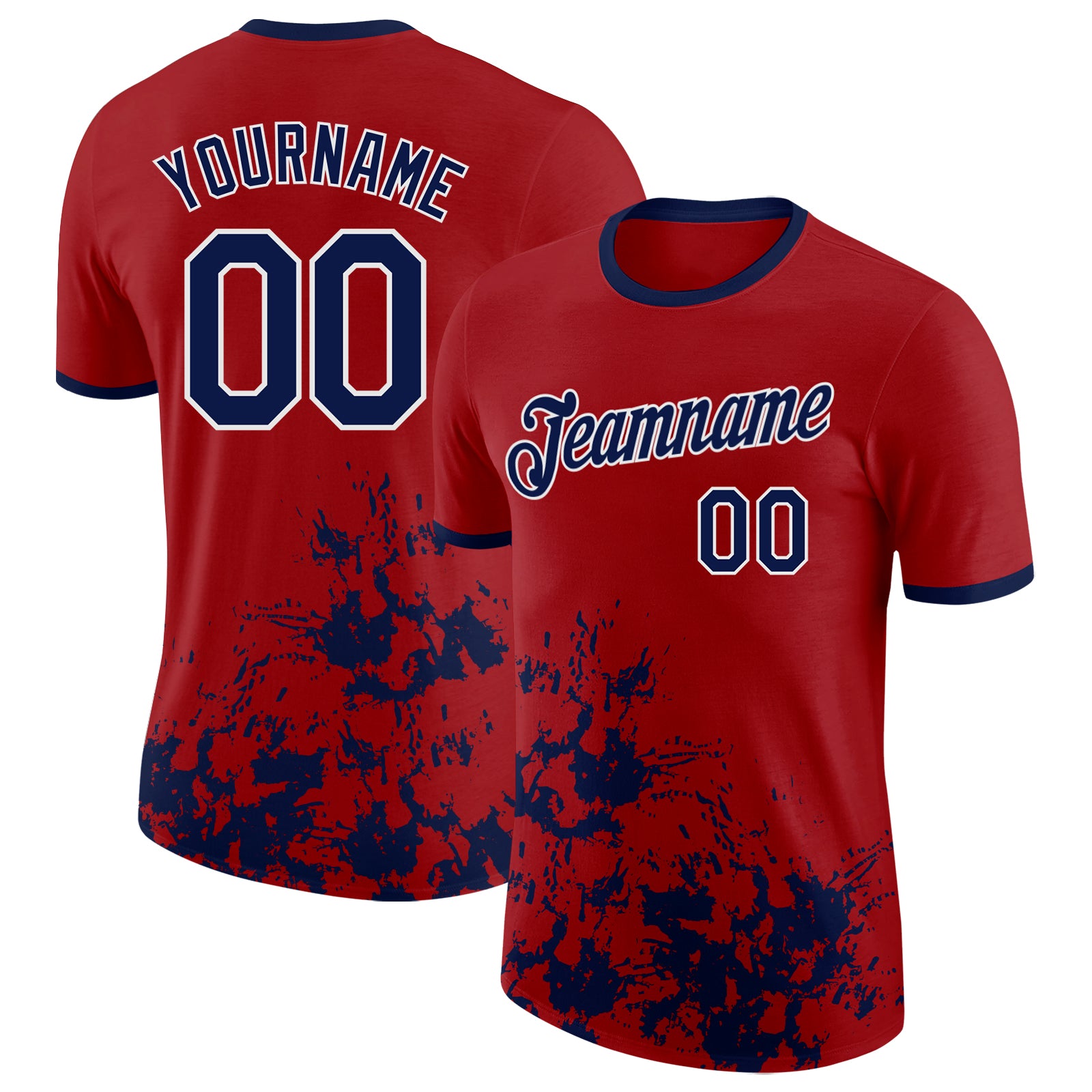 Custom Red Navy-White Brush Stroke Splatter Performance T-Shirt