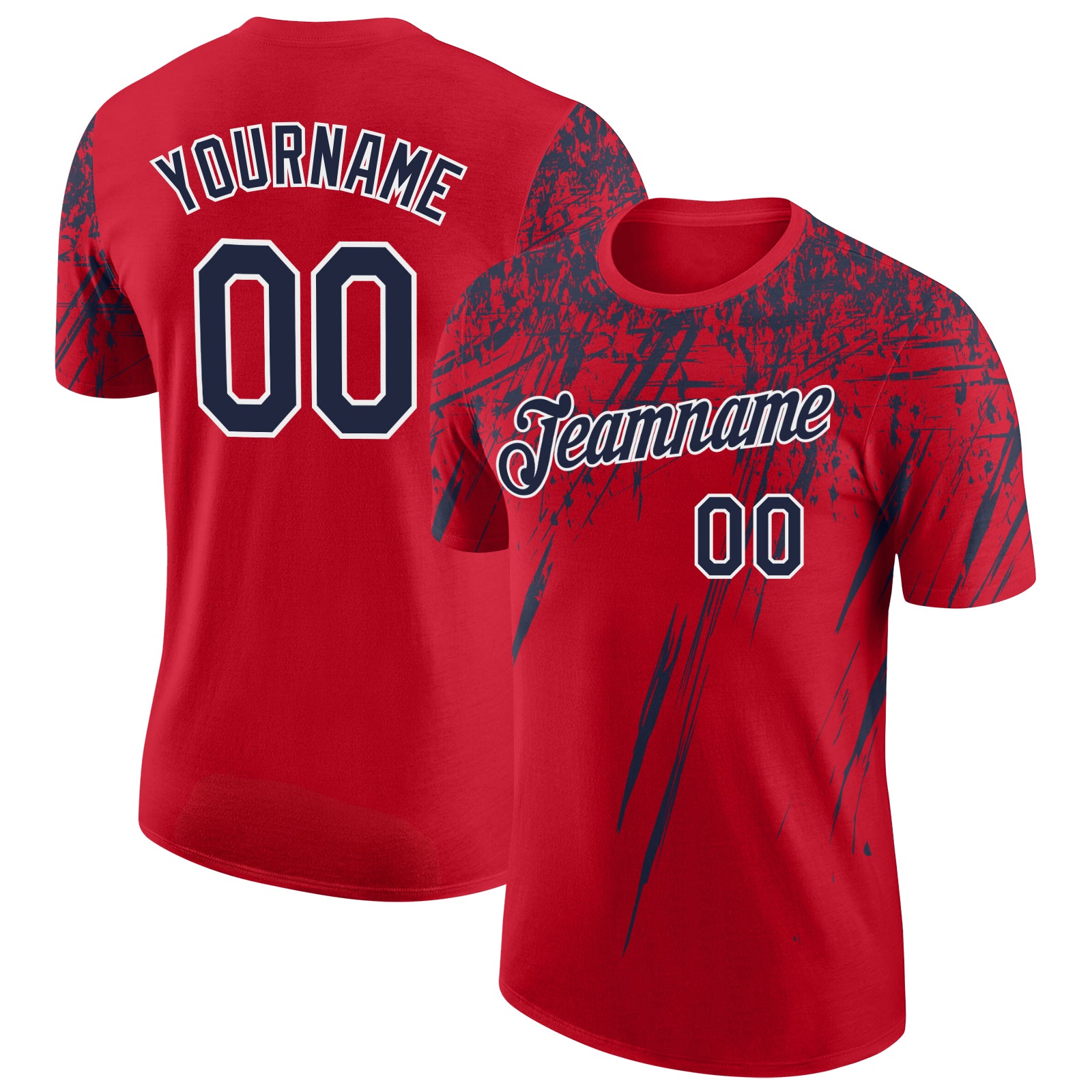 Custom Red Navy-White Distressed Scratch Brush Stroke Performance T-Shirt