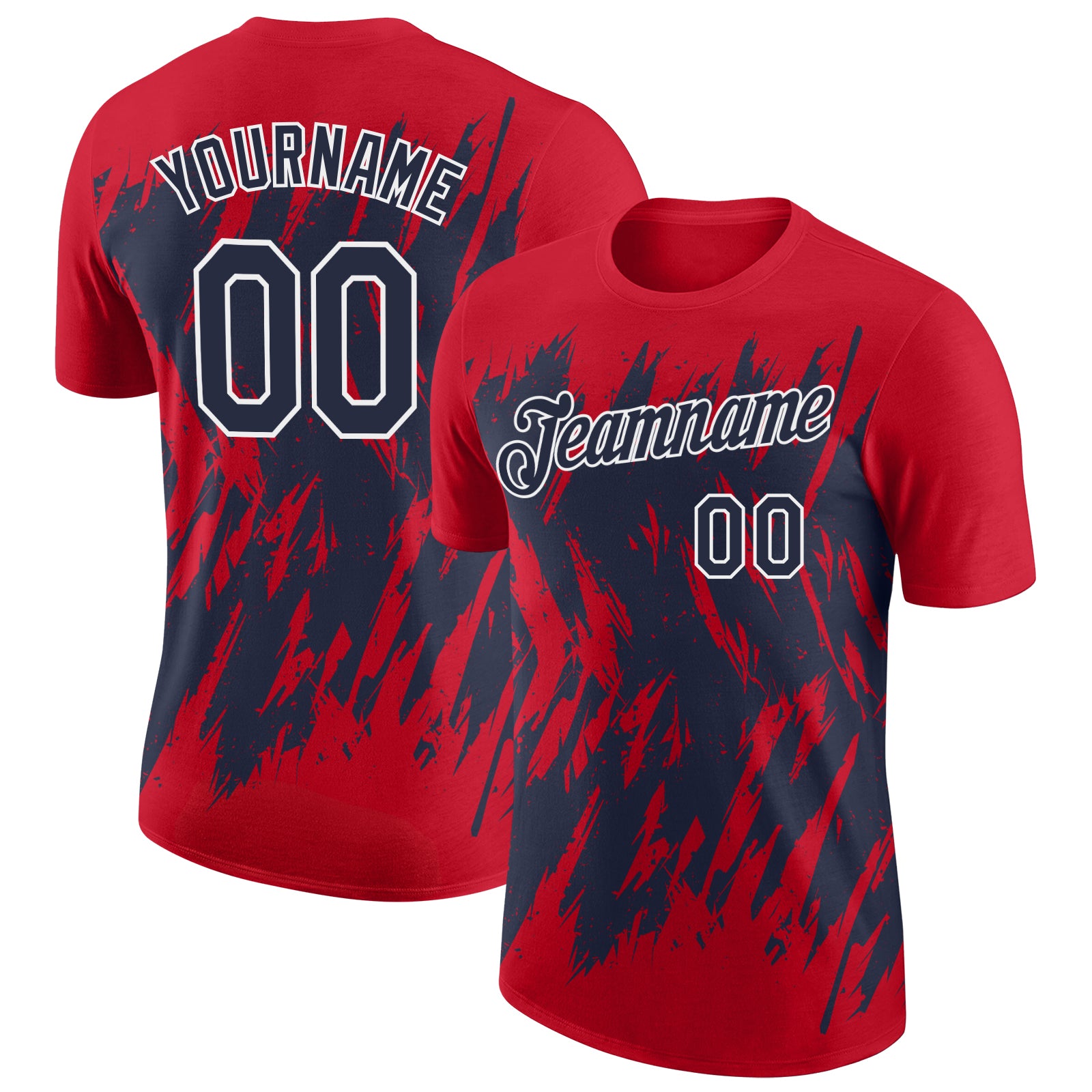 Custom Red Navy-White Torn Sharp Brush Stroke Splatter Performance T-Shirt