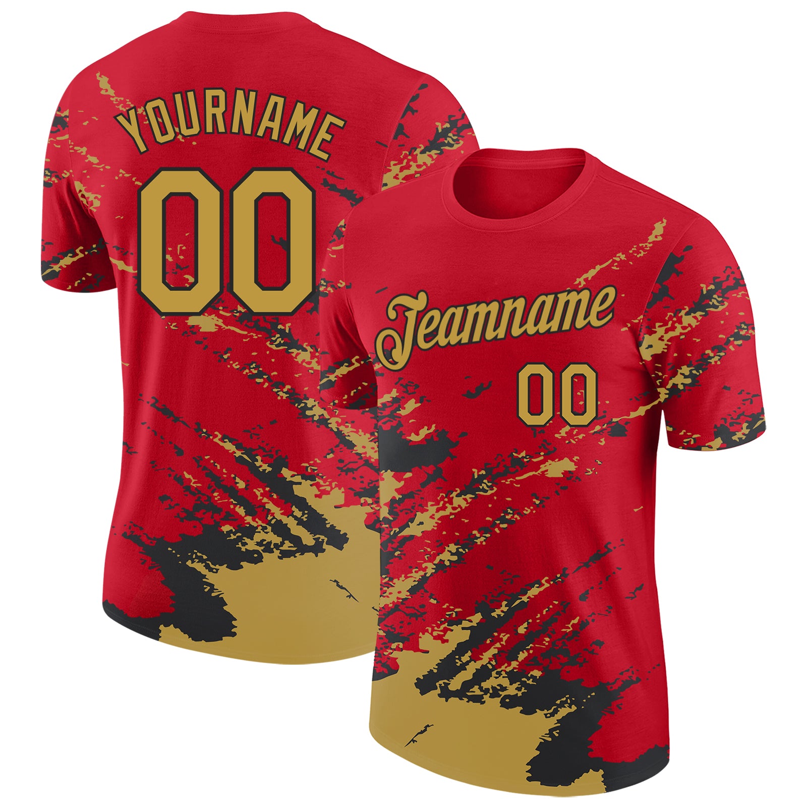 Custom Red Old Gold-Black Brush Stroke Shatter Splatter Performance T-Shirt