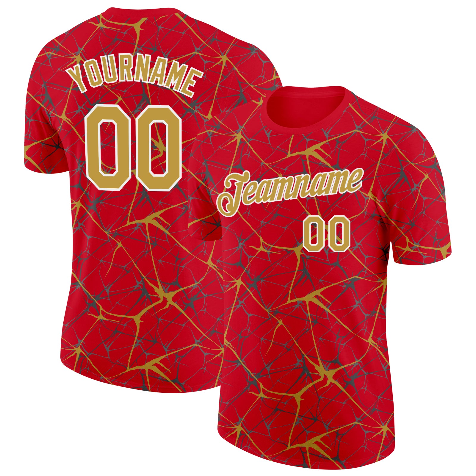 Custom Red Old Gold Gray-White Abstract Network Crackle Performance T-Shirt