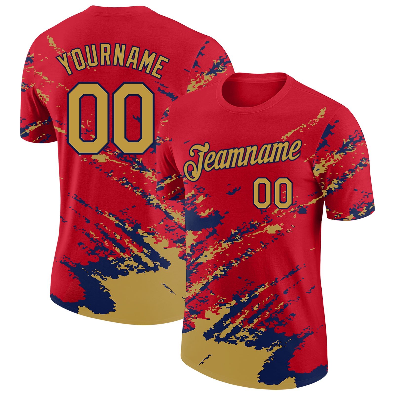 Custom Red Old Gold-Navy Brush Stroke Shatter Splatter Performance T-Shirt