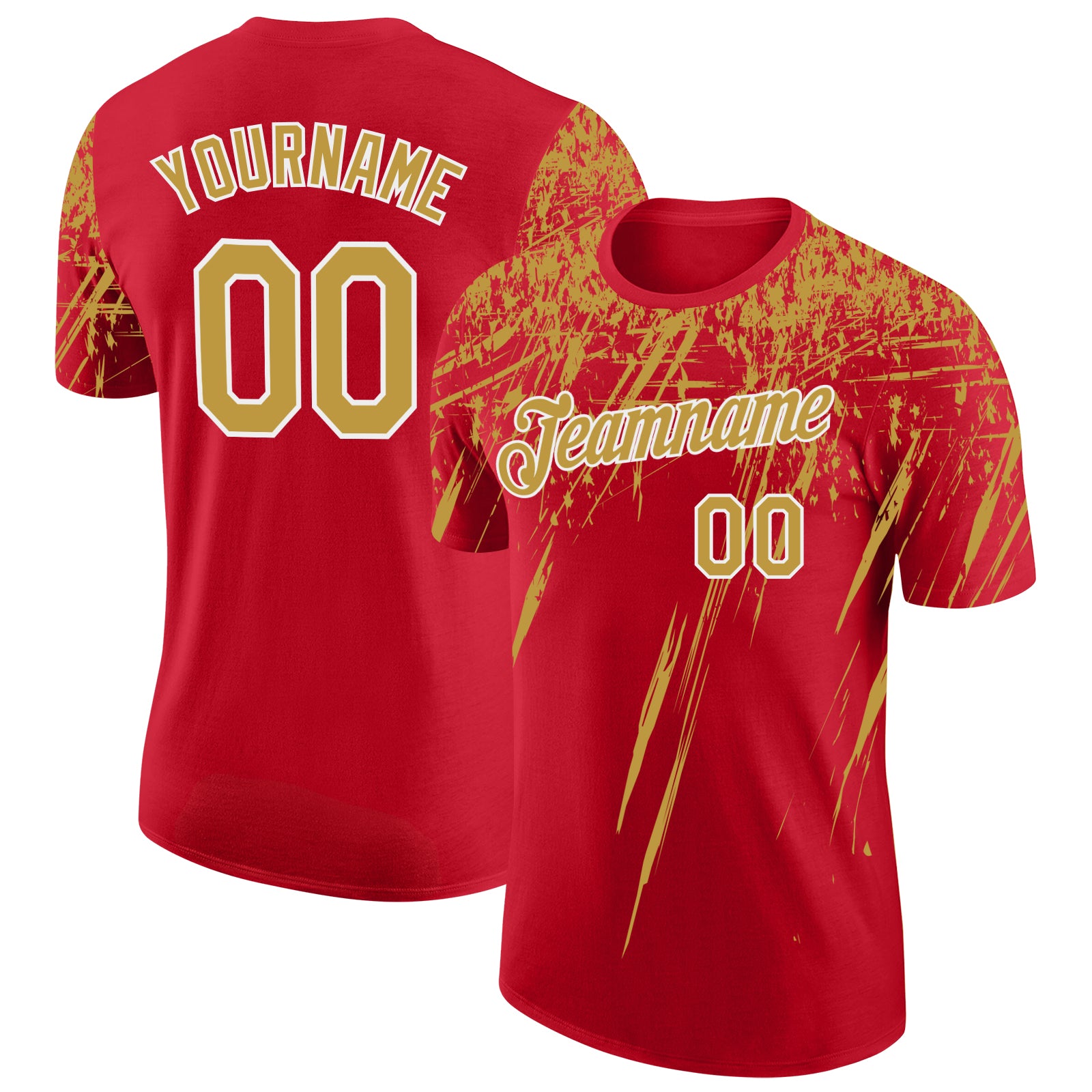 Custom Red Old Gold-White Distressed Scratch Brush Stroke Performance T-Shirt