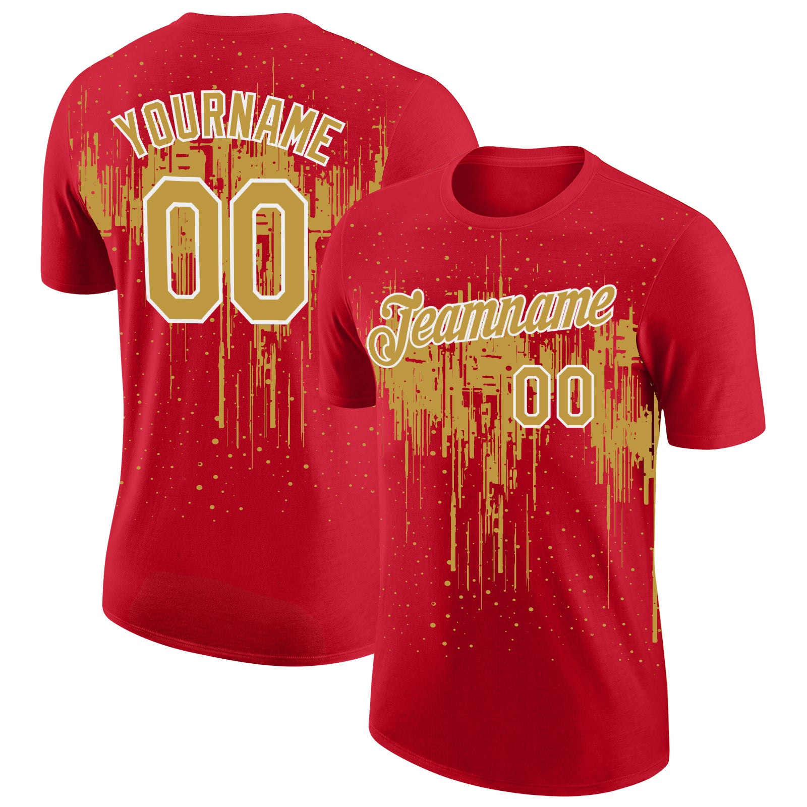 Custom Red Old Gold-White Dripping Splatter Paint Performance T-Shirt