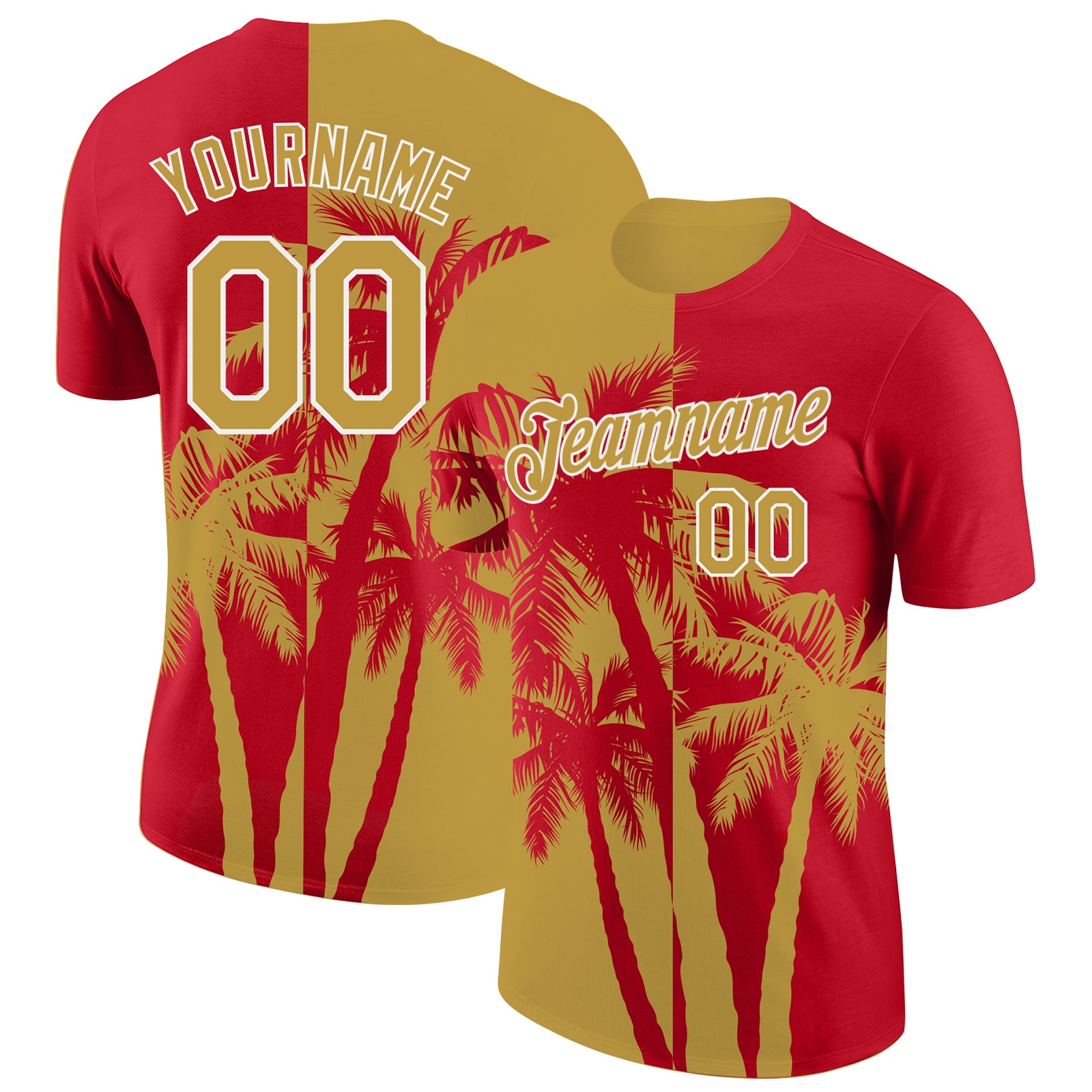 Custom Red Old Gold-White Hawaii Tropical Coastal Palm Trees Performance T-Shirt