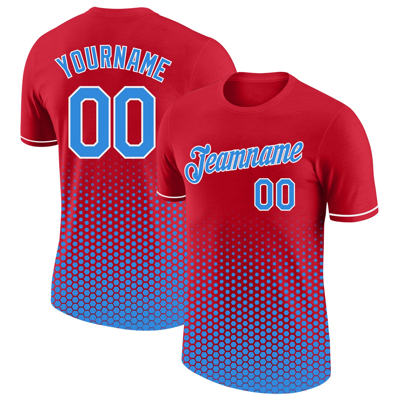 Custom Red Powder Blue-White Geometric Hexagonal Dot Gradient Performance T-Shirt