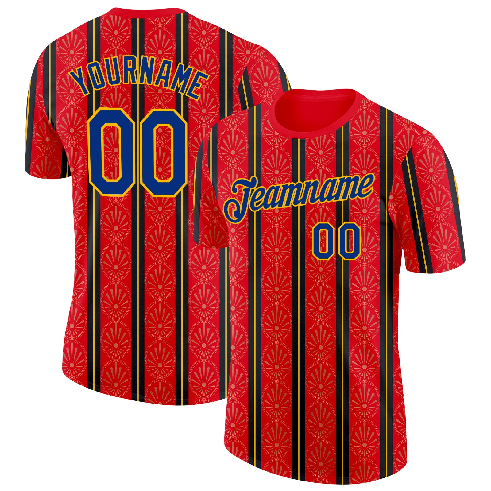 Custom Red Royal-Gold Spain Stripe Performance T-Shirt