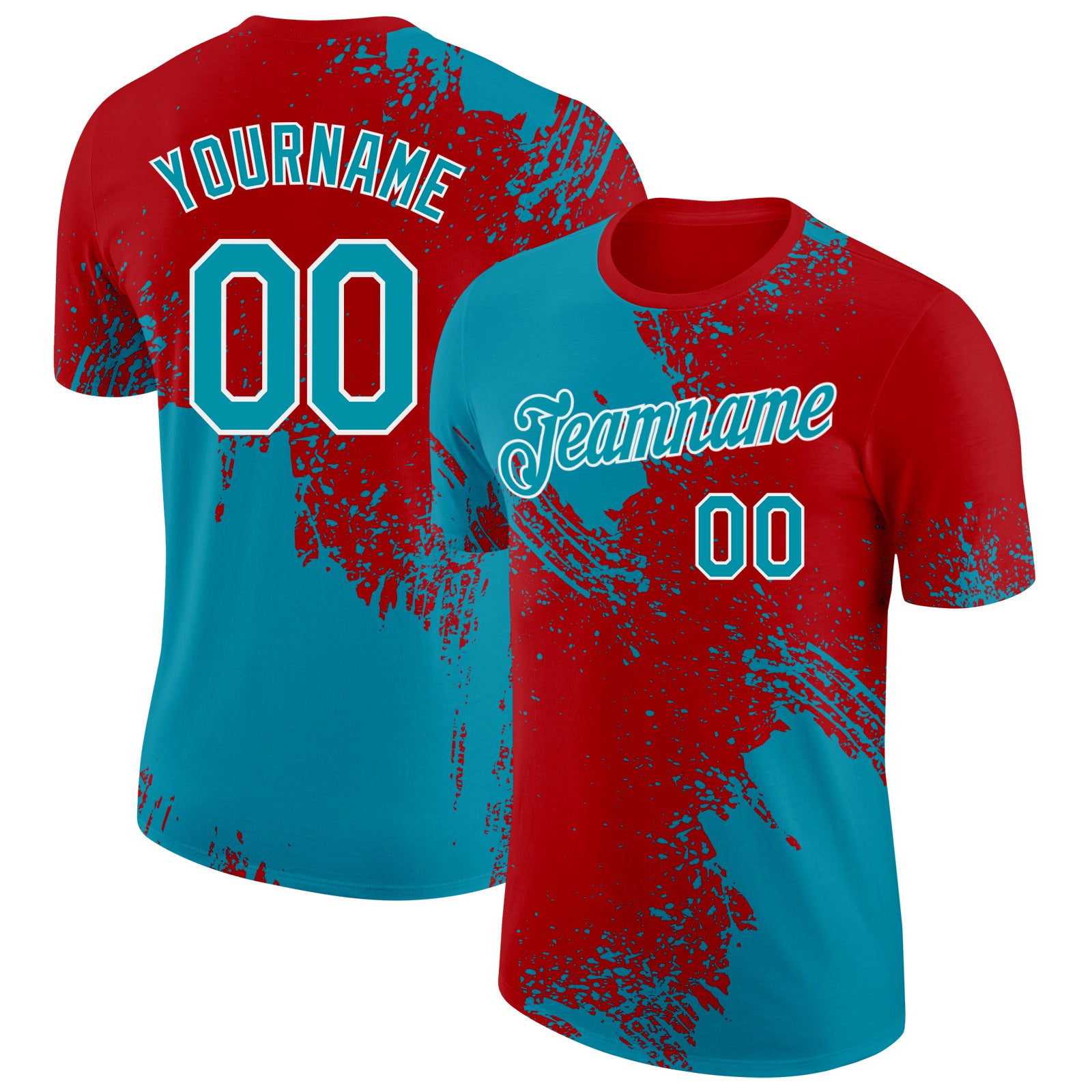 Custom Red Teal-White Abstract Brush Stroke Performance T-Shirt