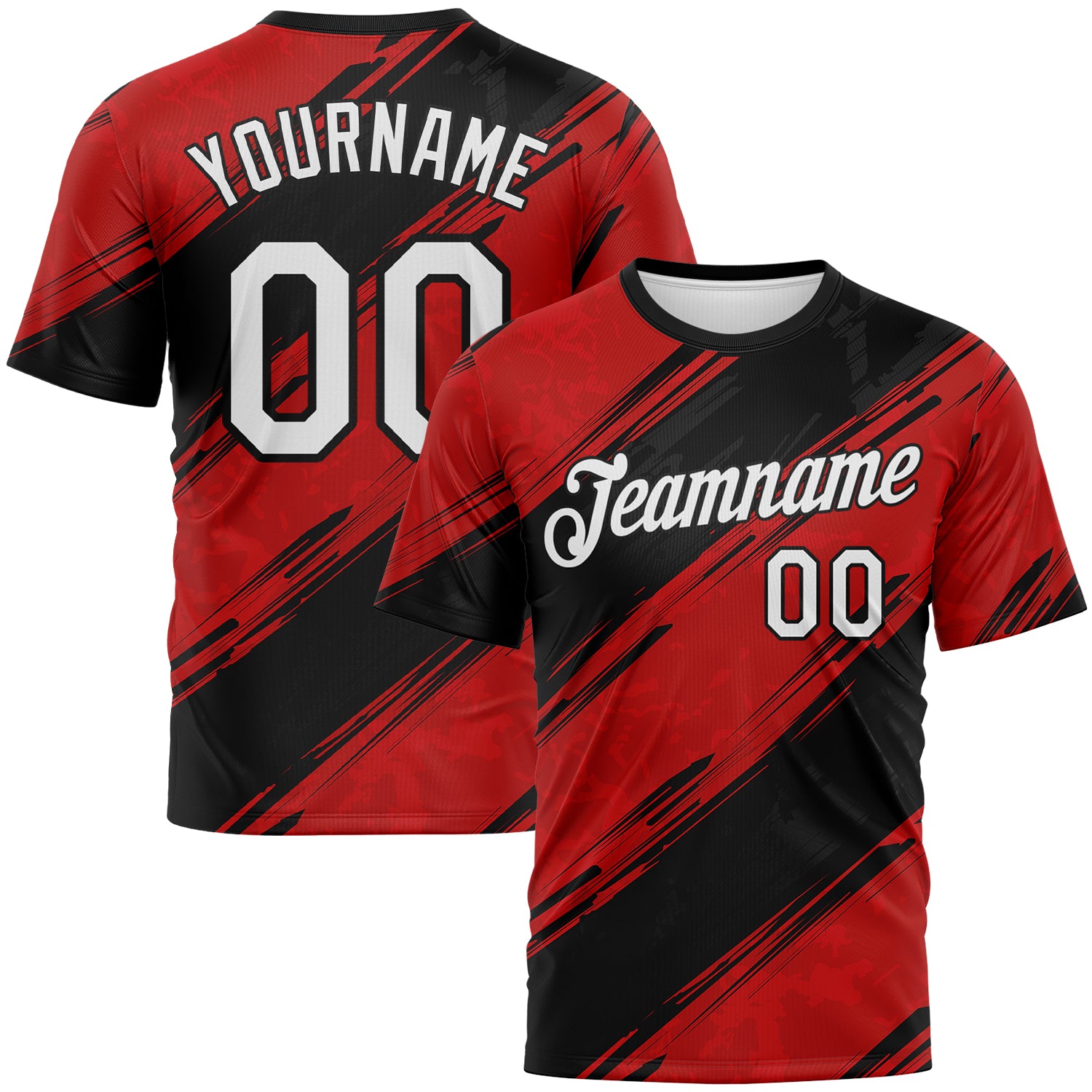 Custom Red White-Black 3D Pattern Brush Stroke Graffiti Diagonal Split Performance T-Shirt
