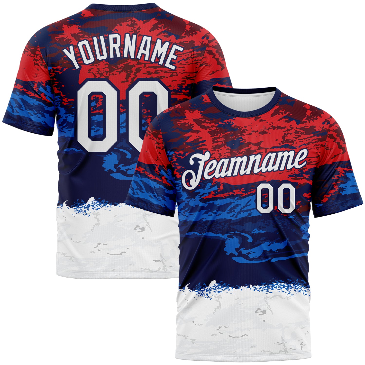 Custom Red White Blue-Navy Distressed Abstract Paint Stroke Performance T-Shirt