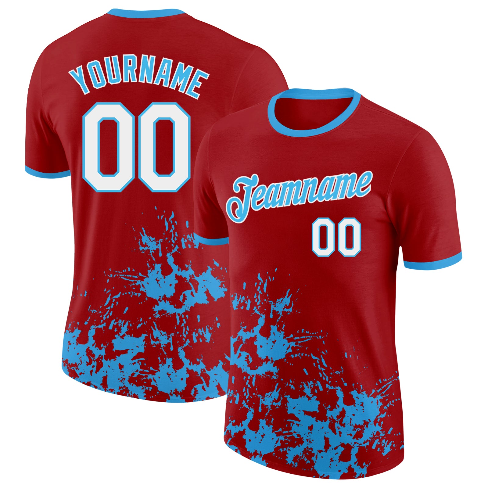 Custom Red White-Sky Blue Brush Stroke Splatter Performance T-Shirt