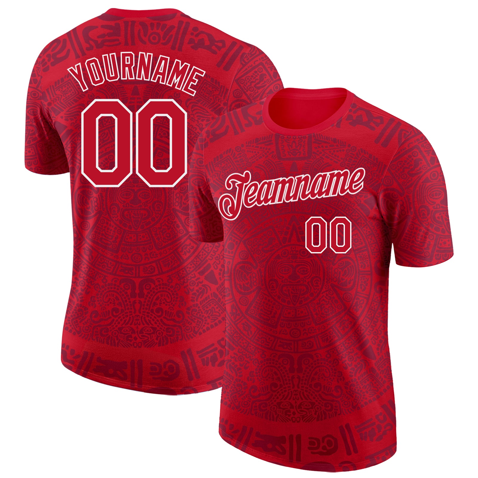 Custom Red-White Tribal Ethnic Aztec Sun Stone 3D Pattern Performance T-Shirt