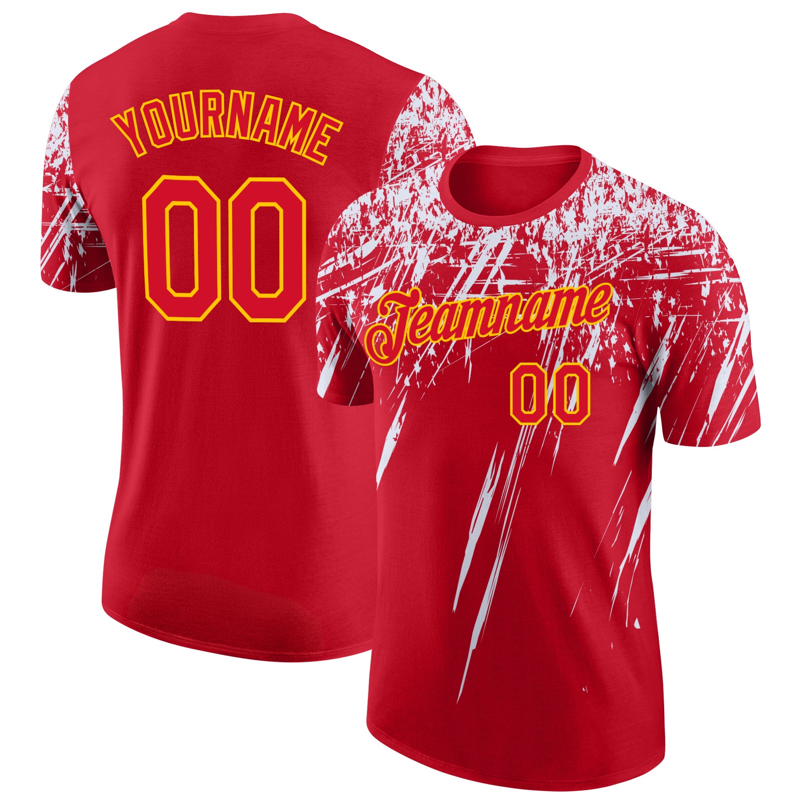 Custom Red White-Yellow Distressed Scratch Brush Stroke Performance T-Shirt
