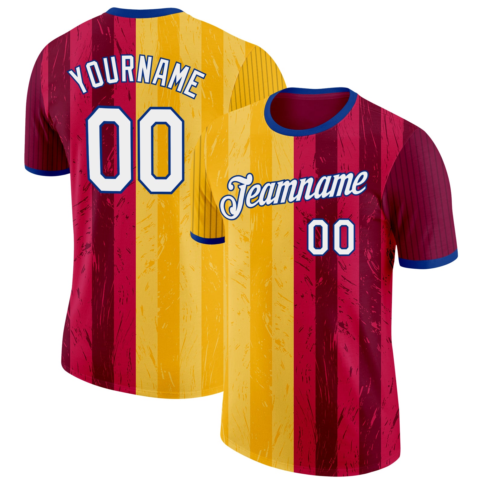 Custom Red White Yellow-Royal Spain Stripe Splash Performance T-Shirt