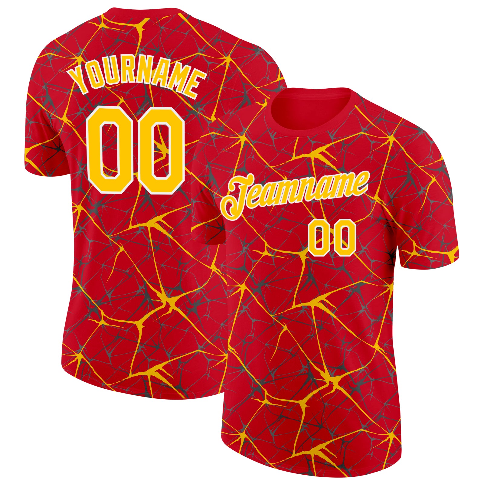 Custom Red Yellow Gray-White Abstract Network Crackle Performance T-Shirt