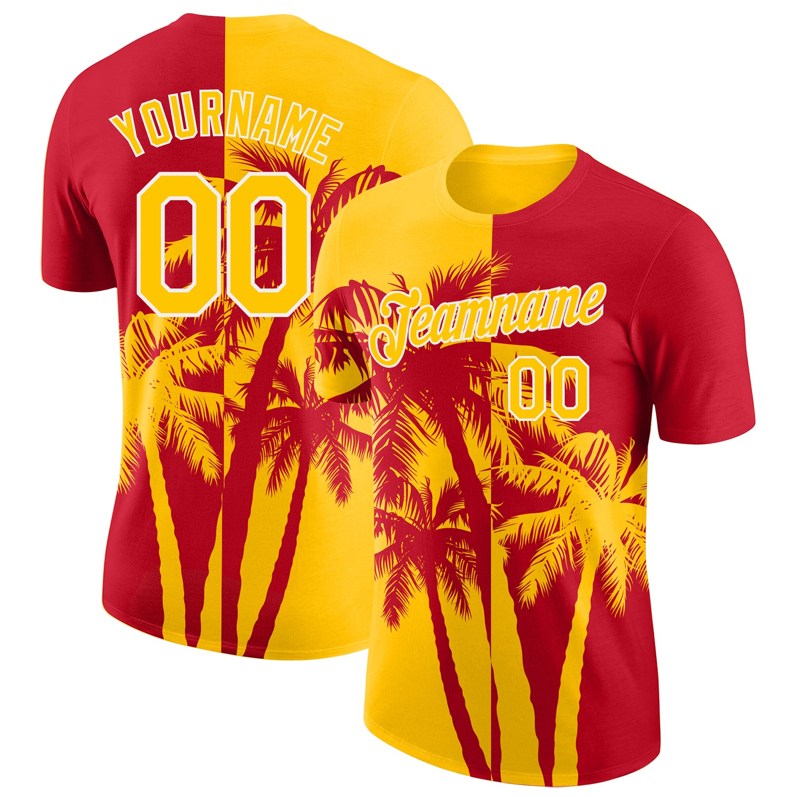 Custom Red Yellow-White Hawaii Tropical Coastal Palm Trees Performance T-Shirt