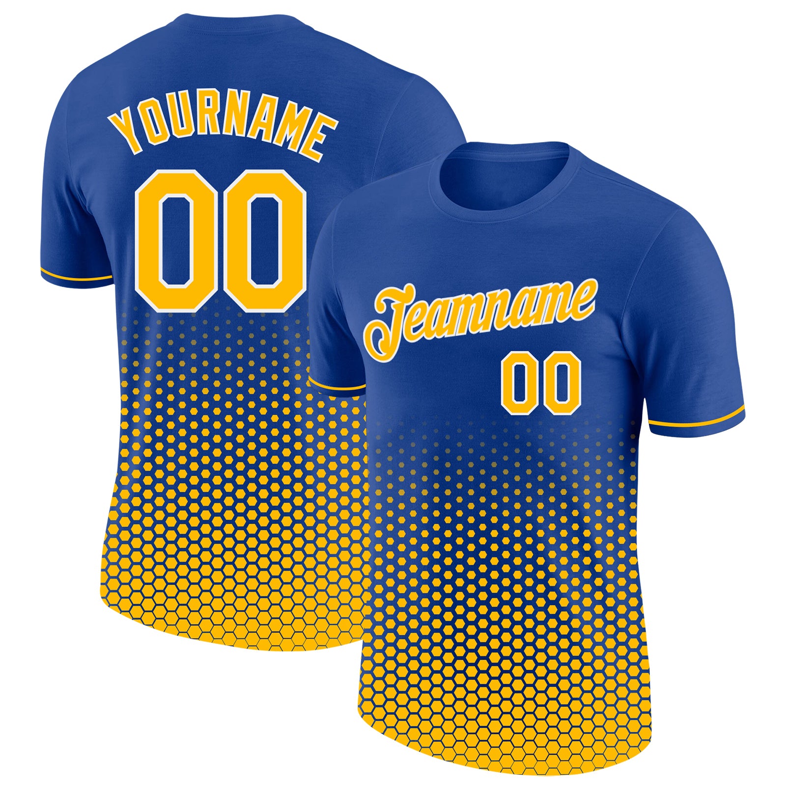 Custom Royal Gold-White Geometric Hexagonal Dot Gradient Performance T-Shirt