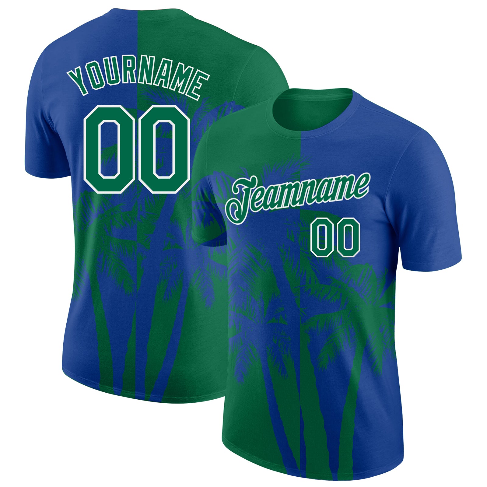 Custom Royal Kelly Green-White Hawaii Tropical Coastal Palm Trees Performance T-Shirt