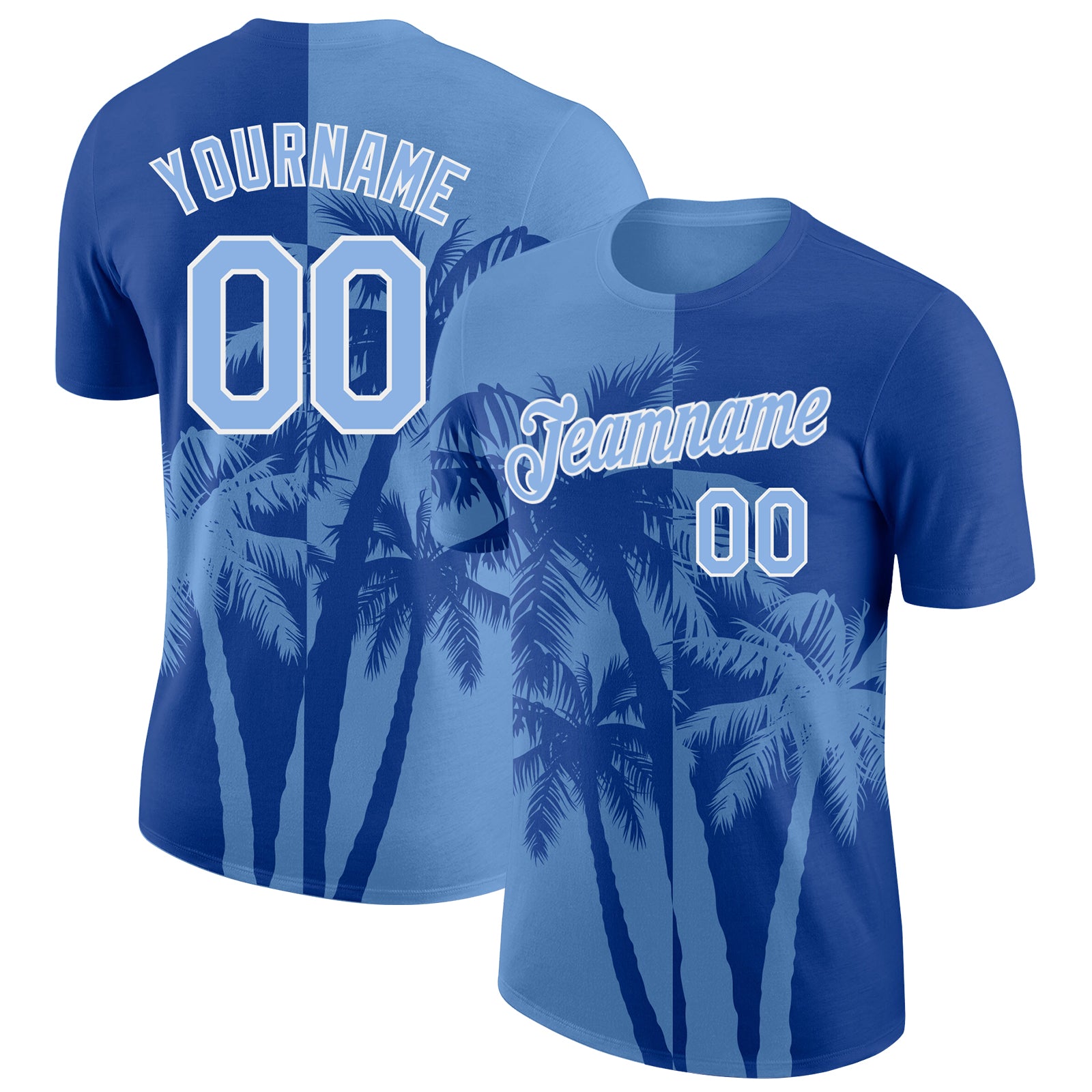 Custom Royal Light Blue-White Hawaii Tropical Coastal Palm Trees Performance T-Shirt