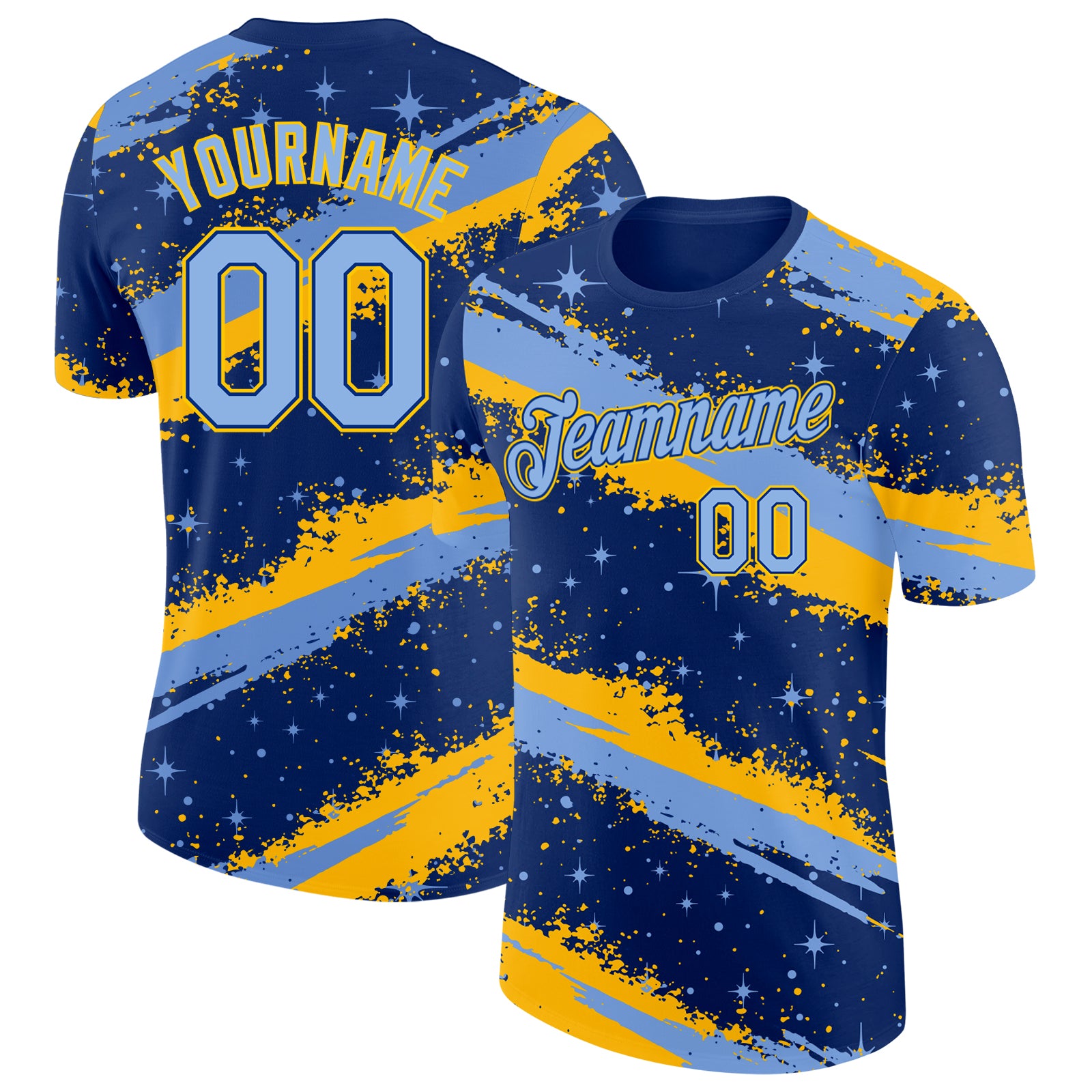 Custom Royal Light Blue-Yellow Brush Stroke Splatter Starburst Performance T-Shirt
