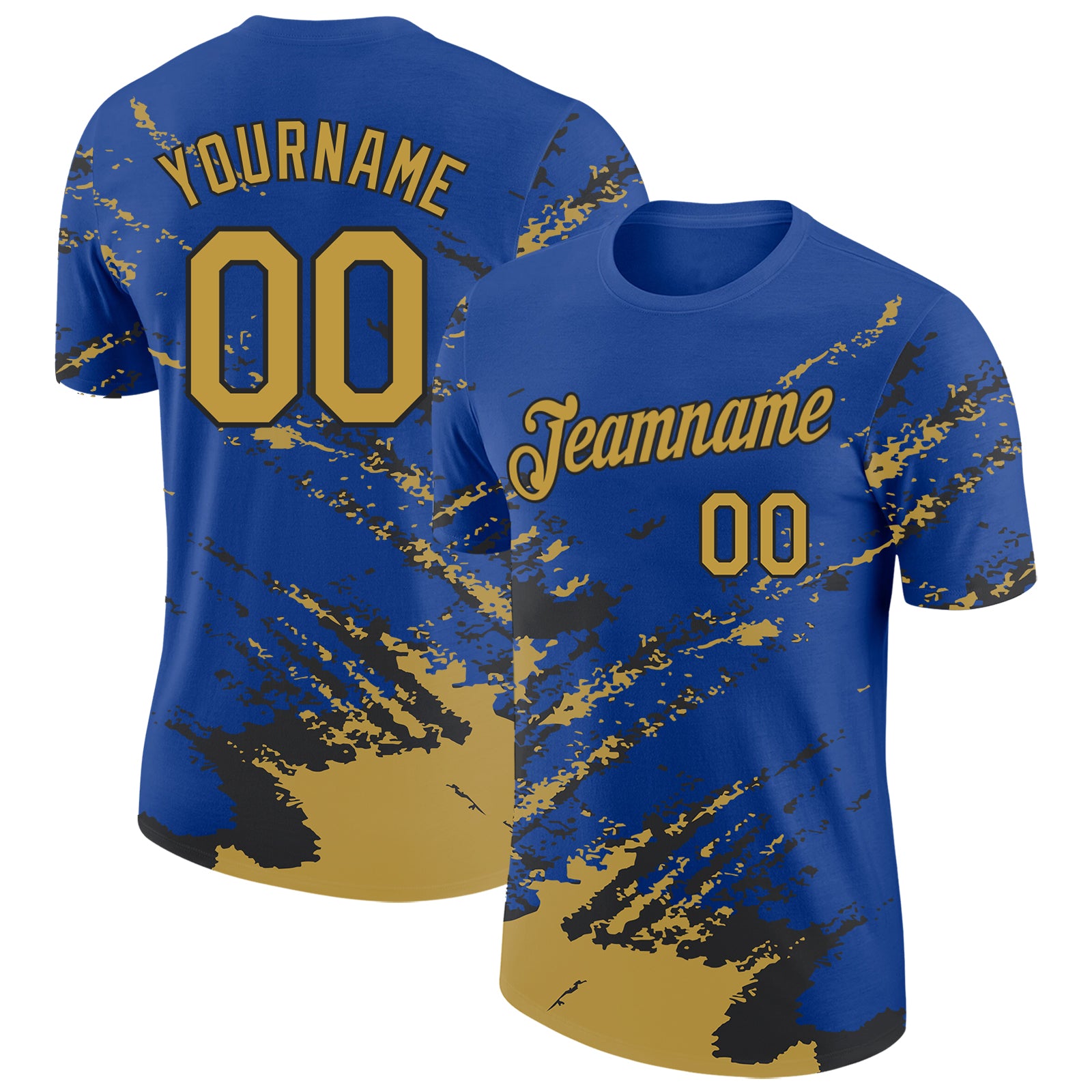 Custom Royal Old Gold-Black Brush Stroke Shatter Splatter Performance T-Shirt