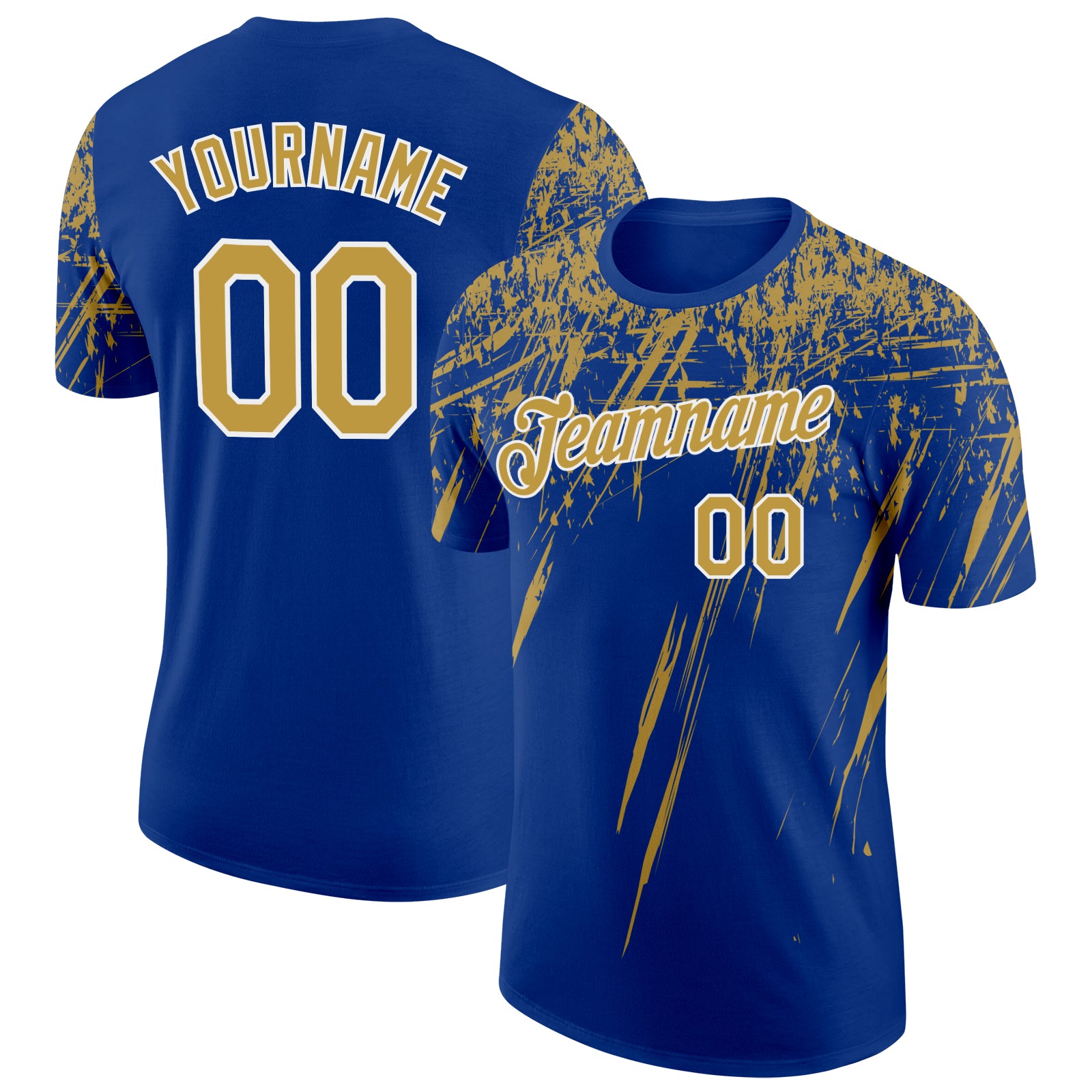 Custom Royal Old Gold-White Distressed Scratch Brush Stroke Performance T-Shirt