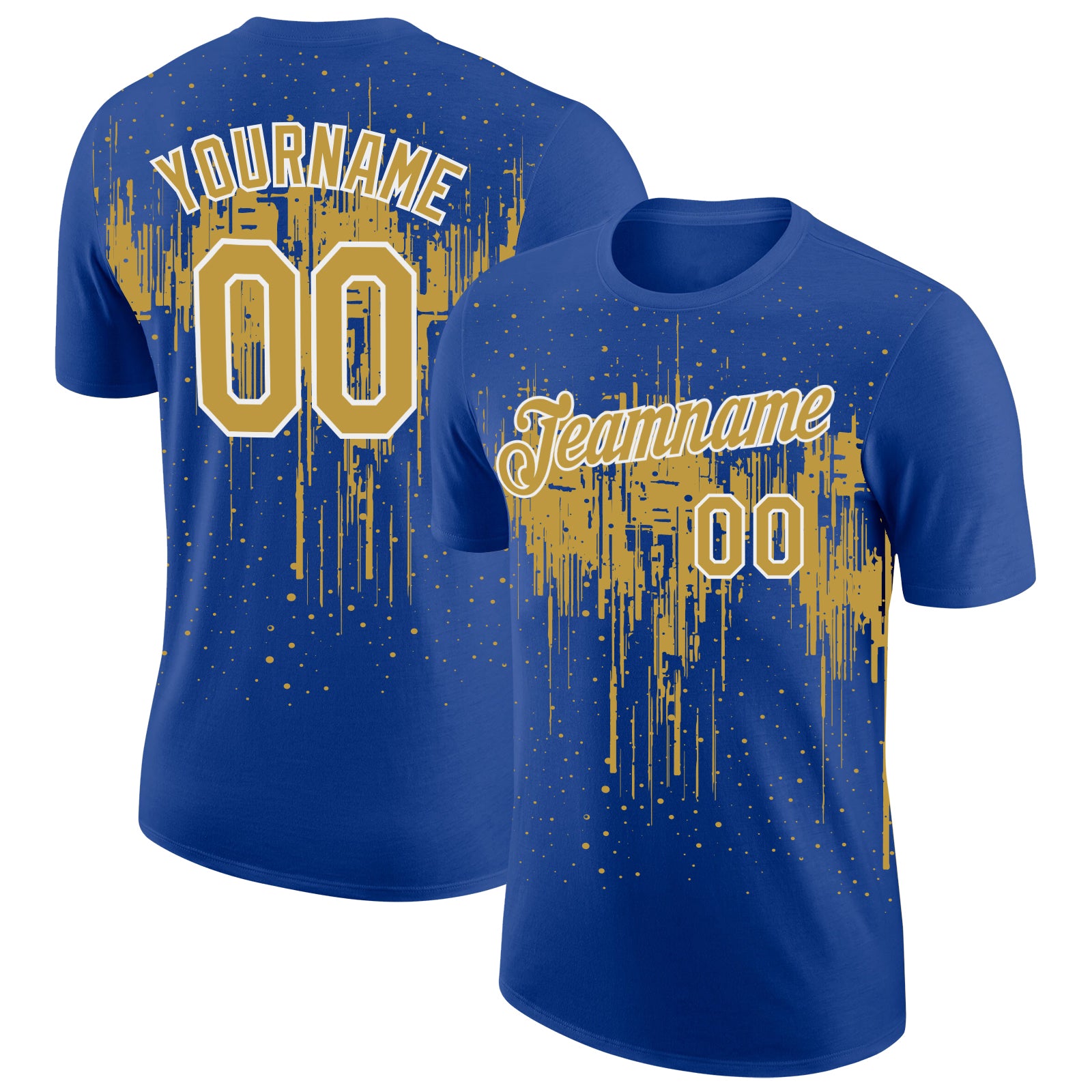 Custom Royal Old Gold-White Dripping Splatter Paint Performance T-Shirt