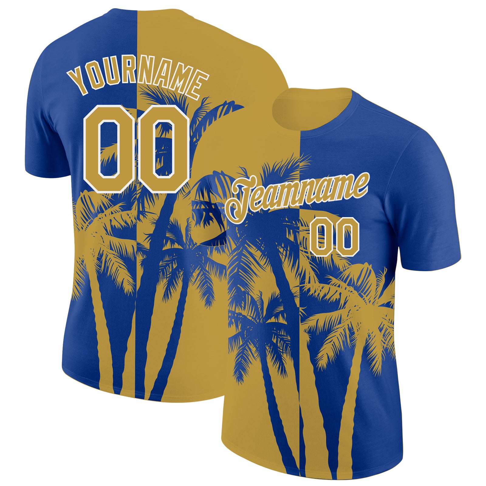 Custom Royal Old Gold-White Hawaii Tropical Coastal Palm Trees Performance T-Shirt
