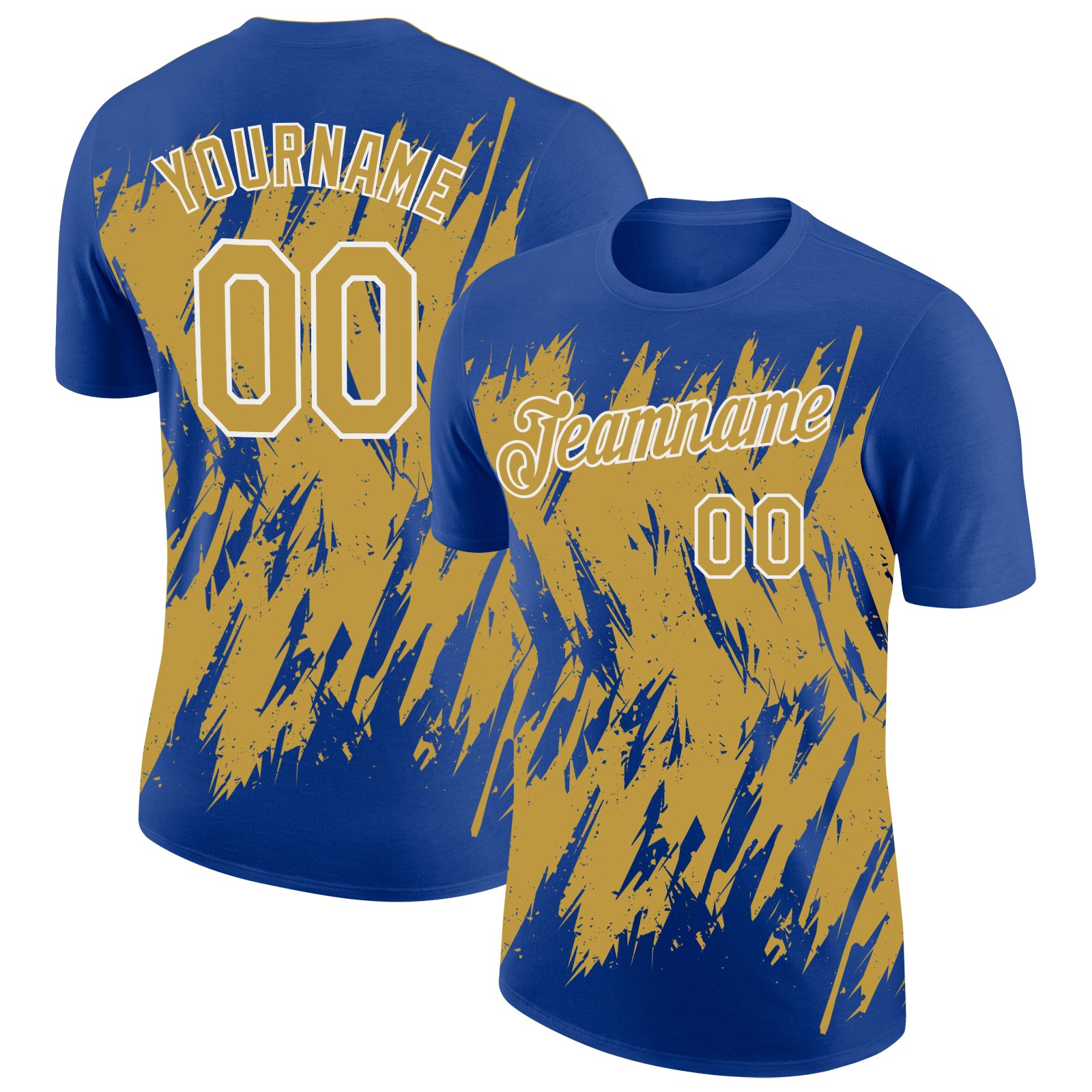 Custom Royal Old Gold-White Torn Sharp Brush Stroke Splatter Performance T-Shirt