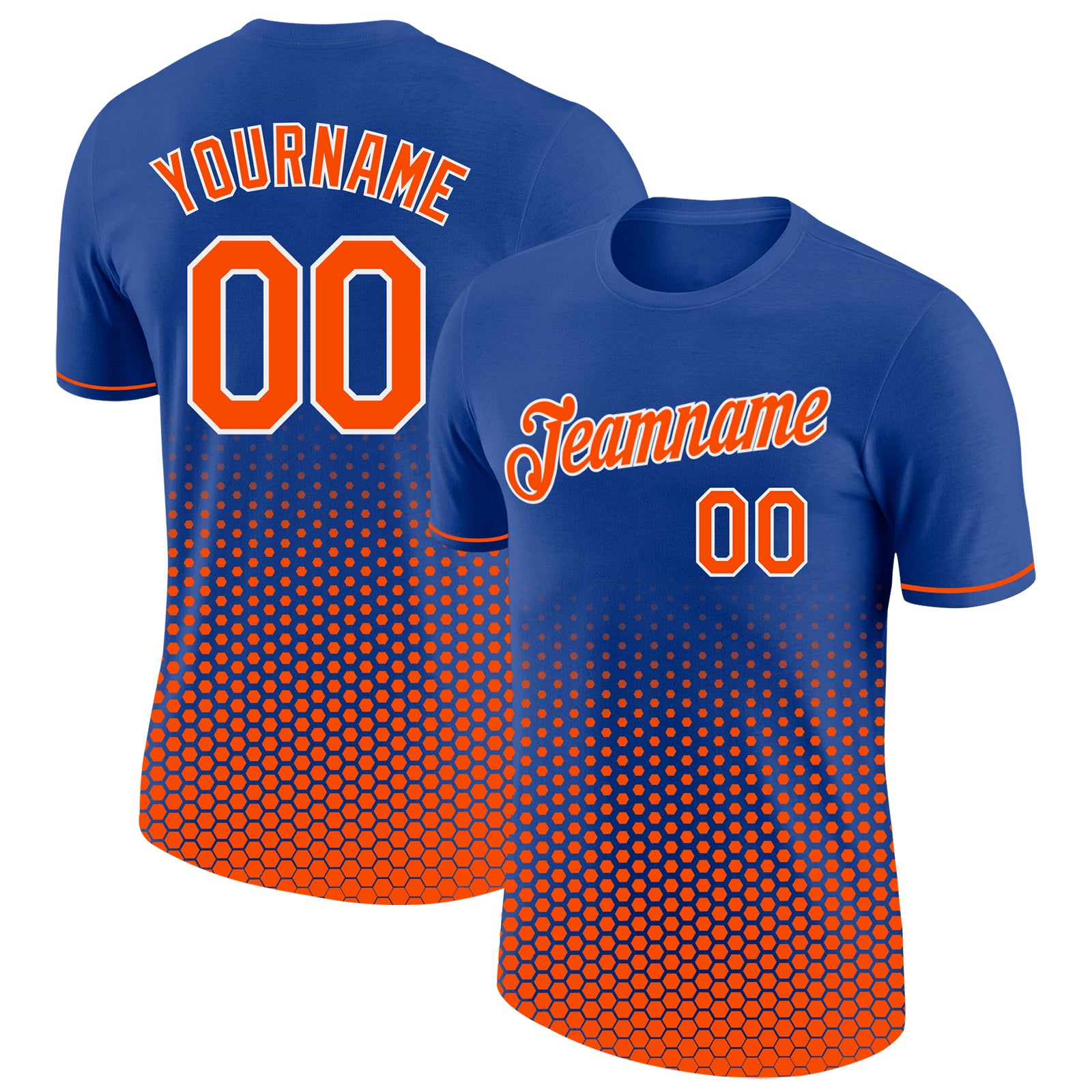 Custom Royal Orange-White Geometric Hexagonal Dot Gradient Performance T-Shirt