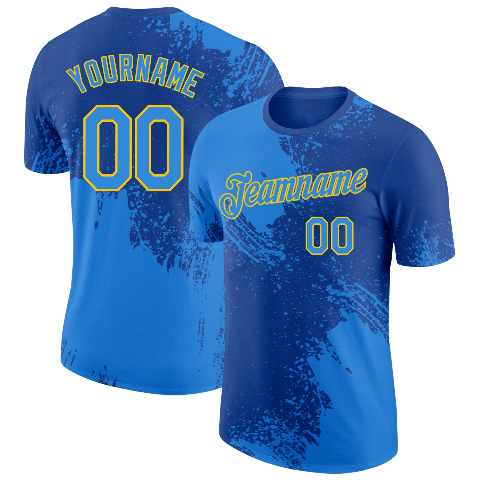 Custom Royal Powder Blue-Yellow Abstract Brush Stroke Performance T-Shirt