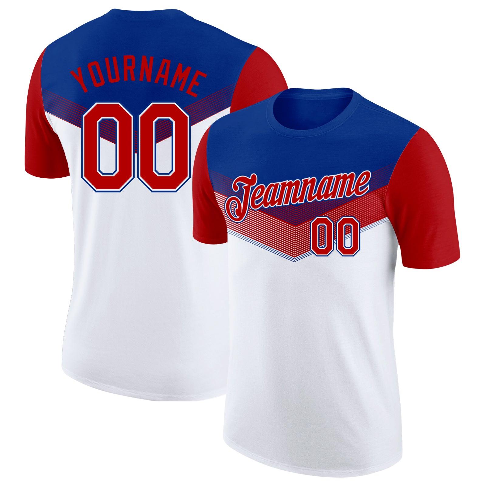Custom Royal Red-White Geometric V-Lines Color Block Performance T-Shirt