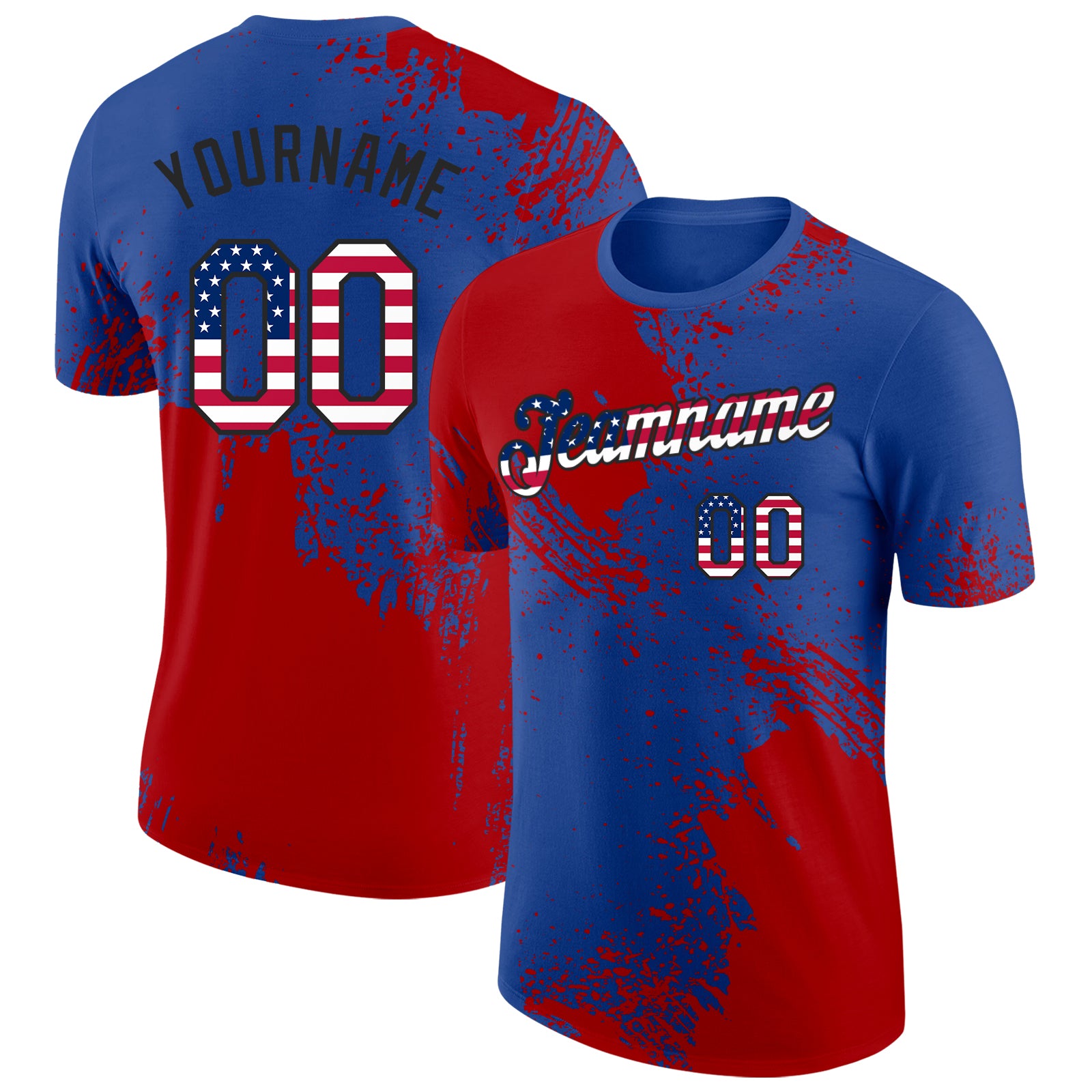 Custom Royal USA Flag Red-Black Abstract Brush Stroke Performance T-Shirt