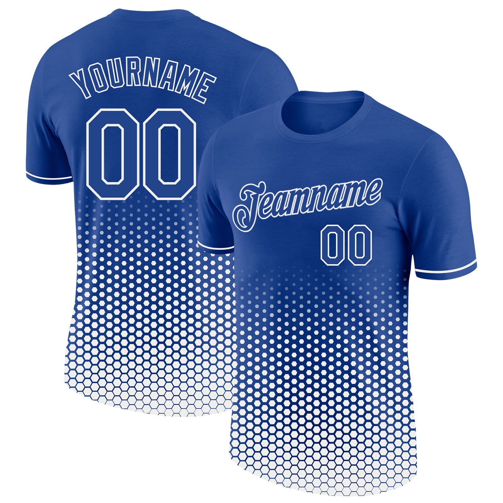 Custom Royal-White Geometric Hexagonal Dot Gradient Performance T-Shirt