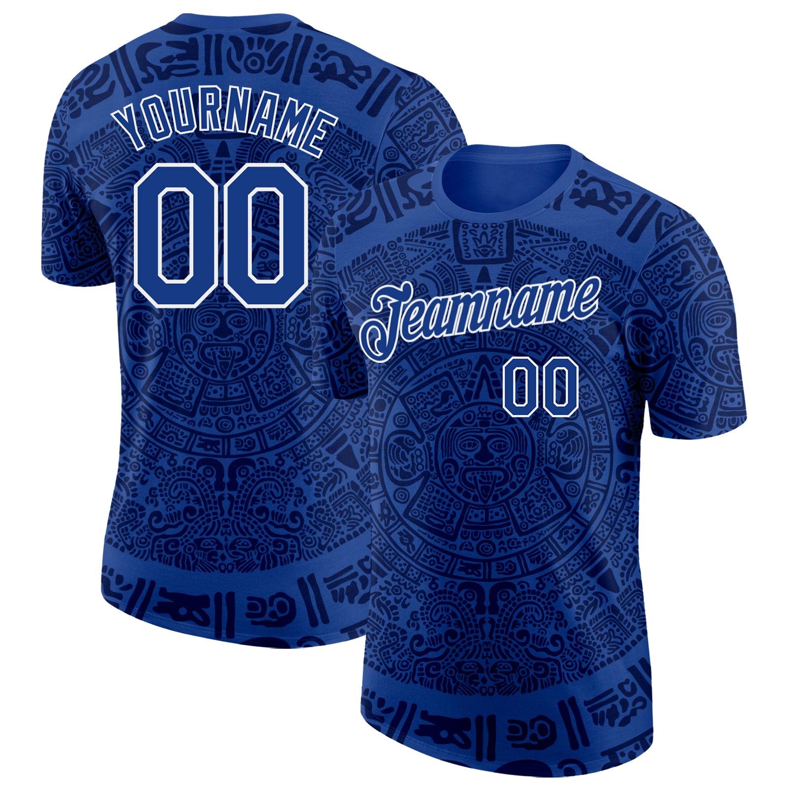 Custom Royal-White Tribal Ethnic Aztec Sun Stone 3D Pattern Performance T-Shirt