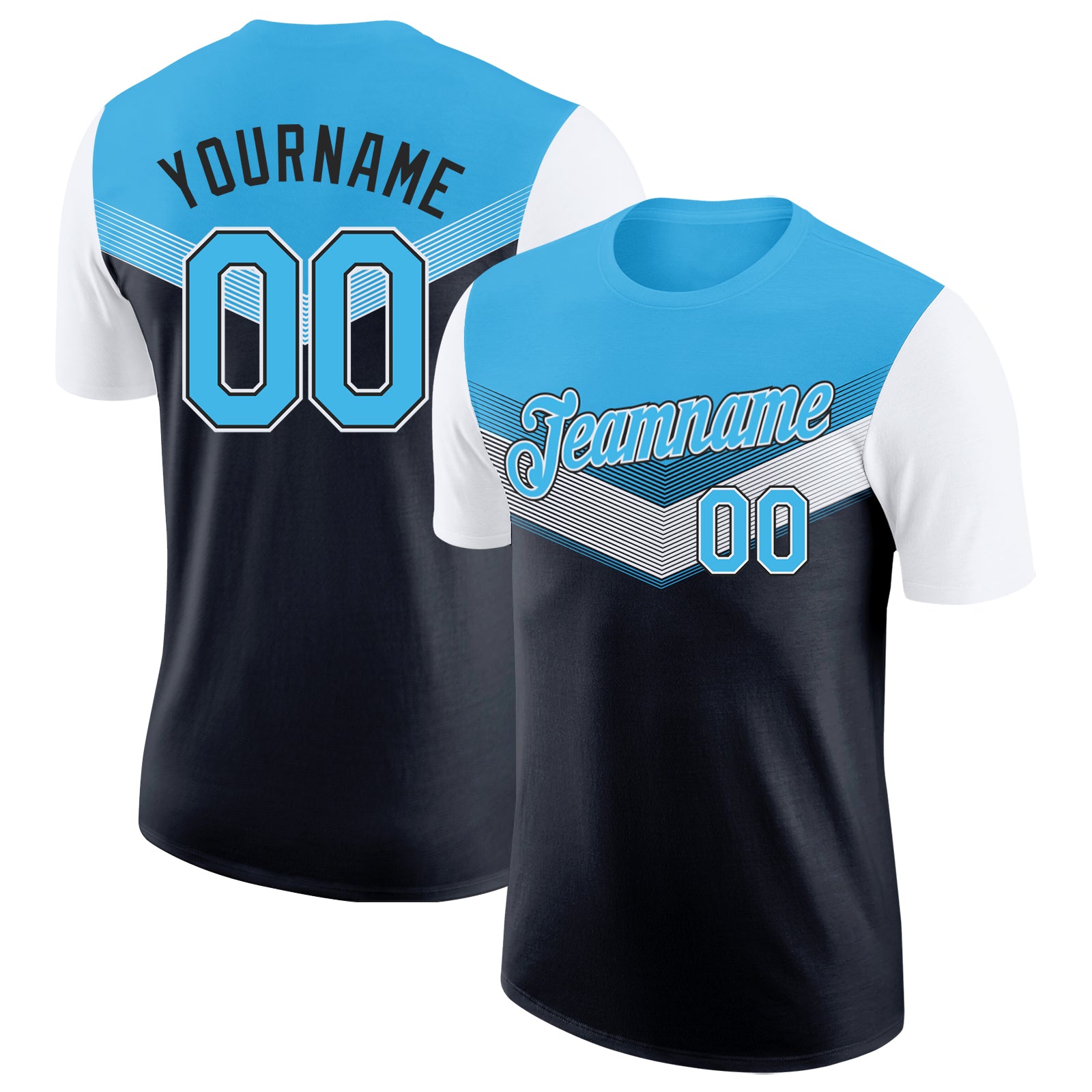 Custom Sky Blue Black-White Geometric V-Lines Color Block Performance T-Shirt