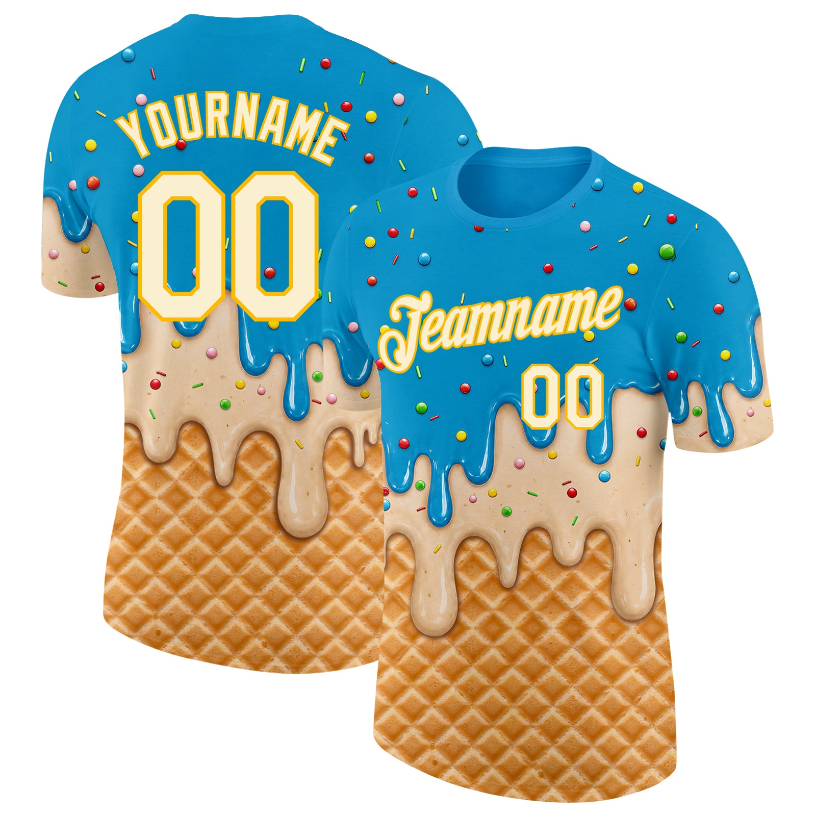 Custom Sky Blue Cream-Gold Ice Cream Waffle Foodie Dessert Performance T-Shirt