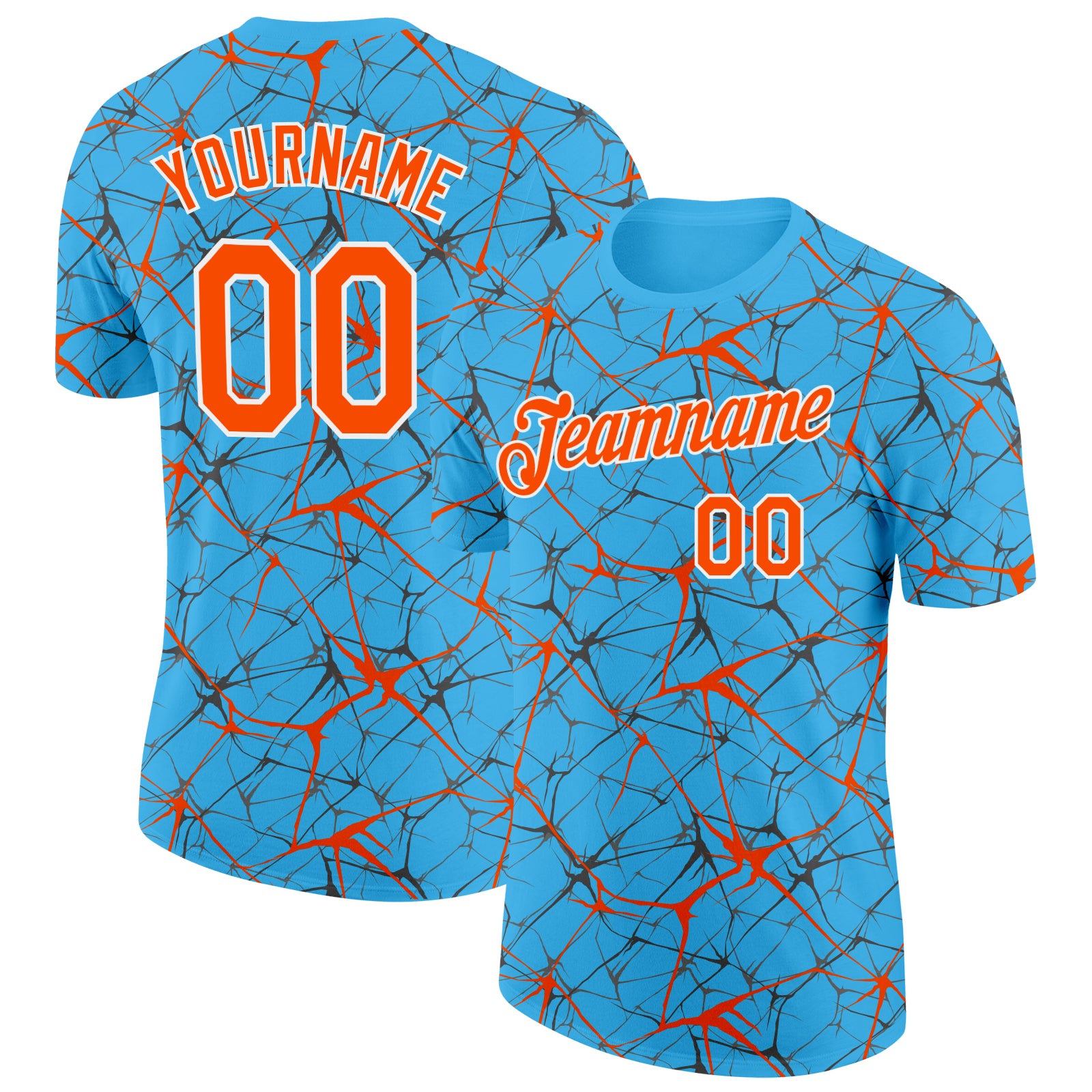 Custom Sky Blue Orange Gray-White Abstract Network Crackle Performance T-Shirt