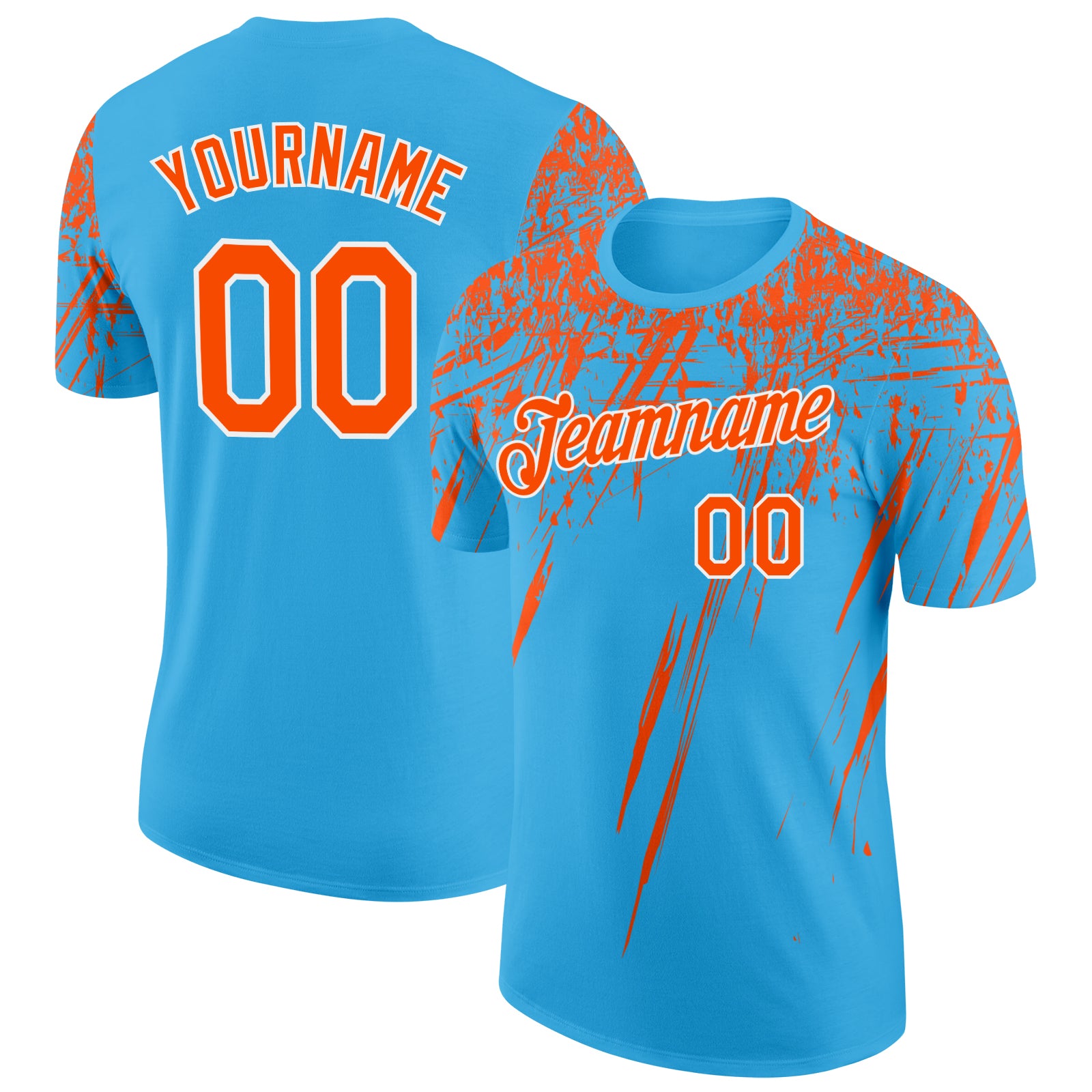 Custom Sky Blue Orange-White Distressed Scratch Brush Stroke Performance T-Shirt