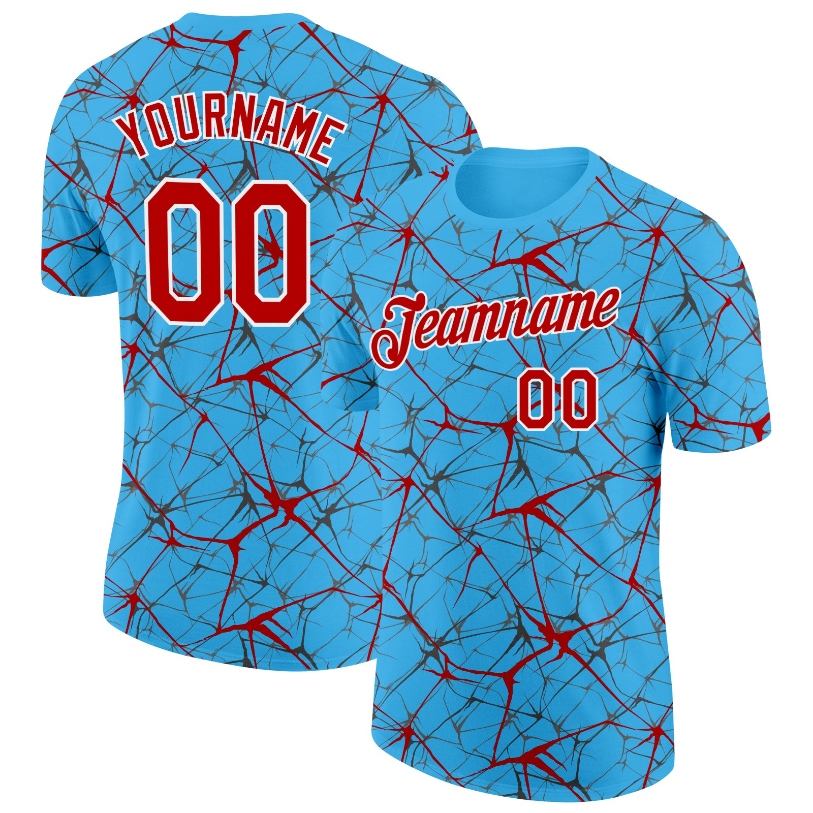 Custom Sky Blue Red Gray-White Abstract Network Crackle Performance T-Shirt