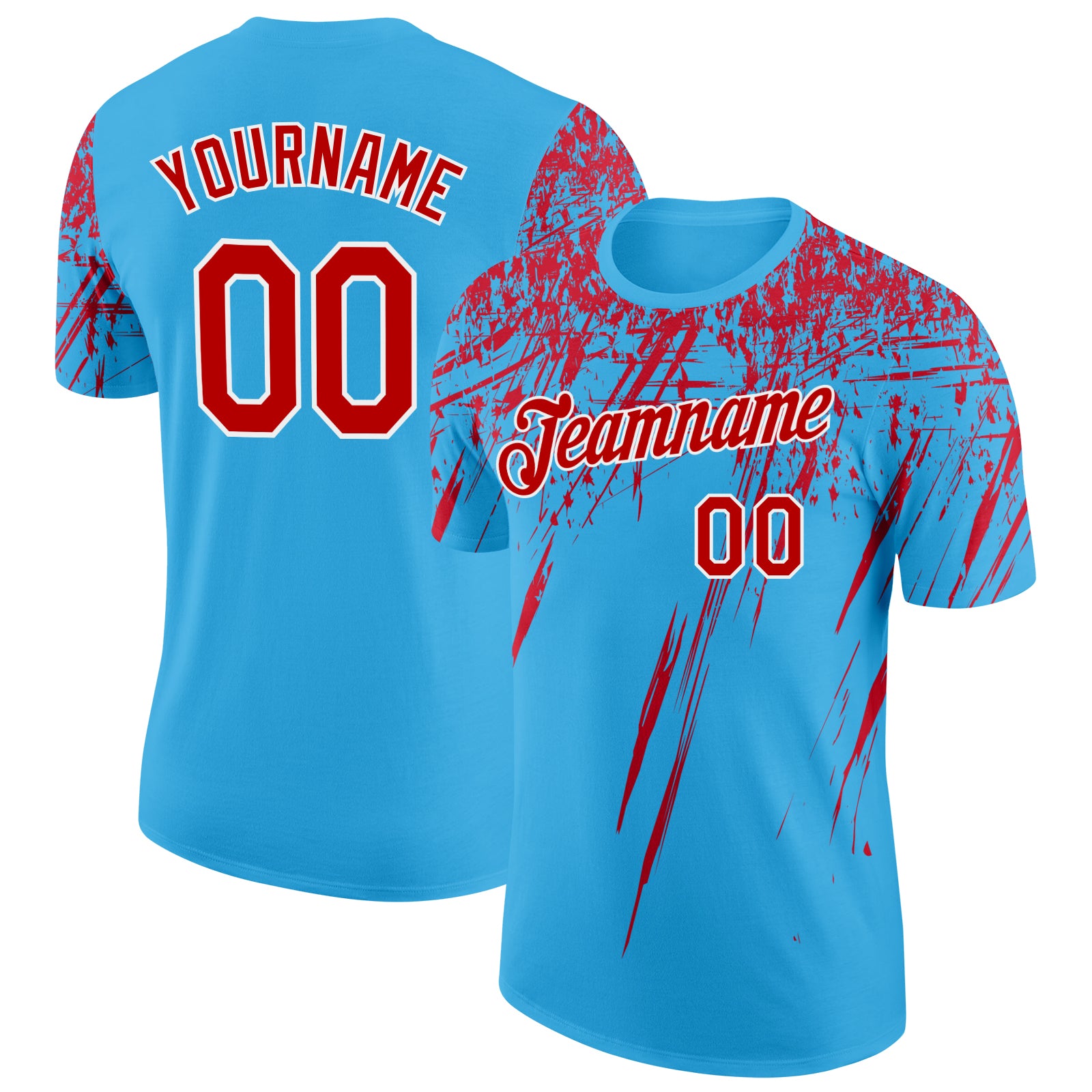 Custom Sky Blue Red-White Distressed Scratch Brush Stroke Performance T-Shirt