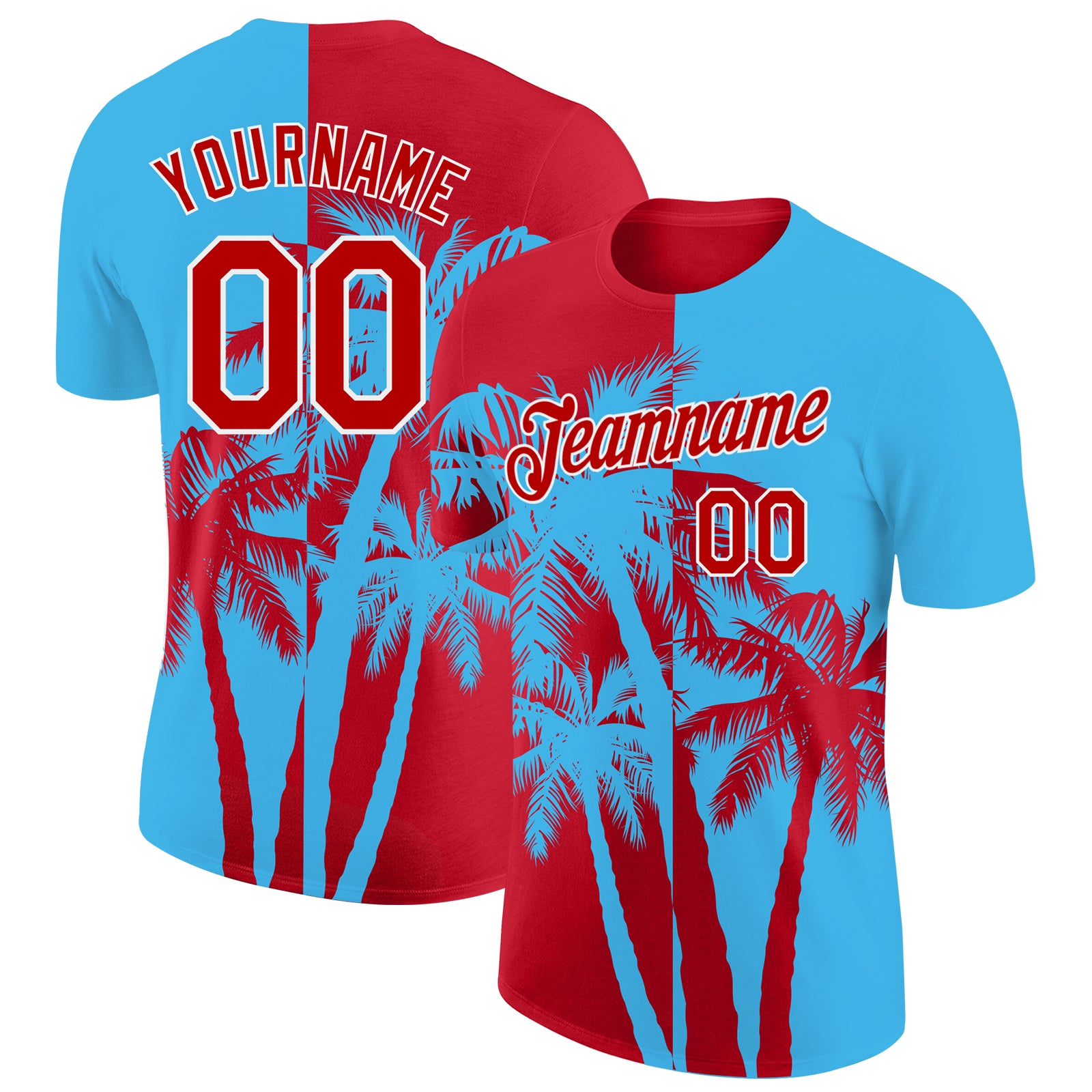Custom Sky Blue Red-White Hawaii Tropical Coastal Palm Trees Performance T-Shirt