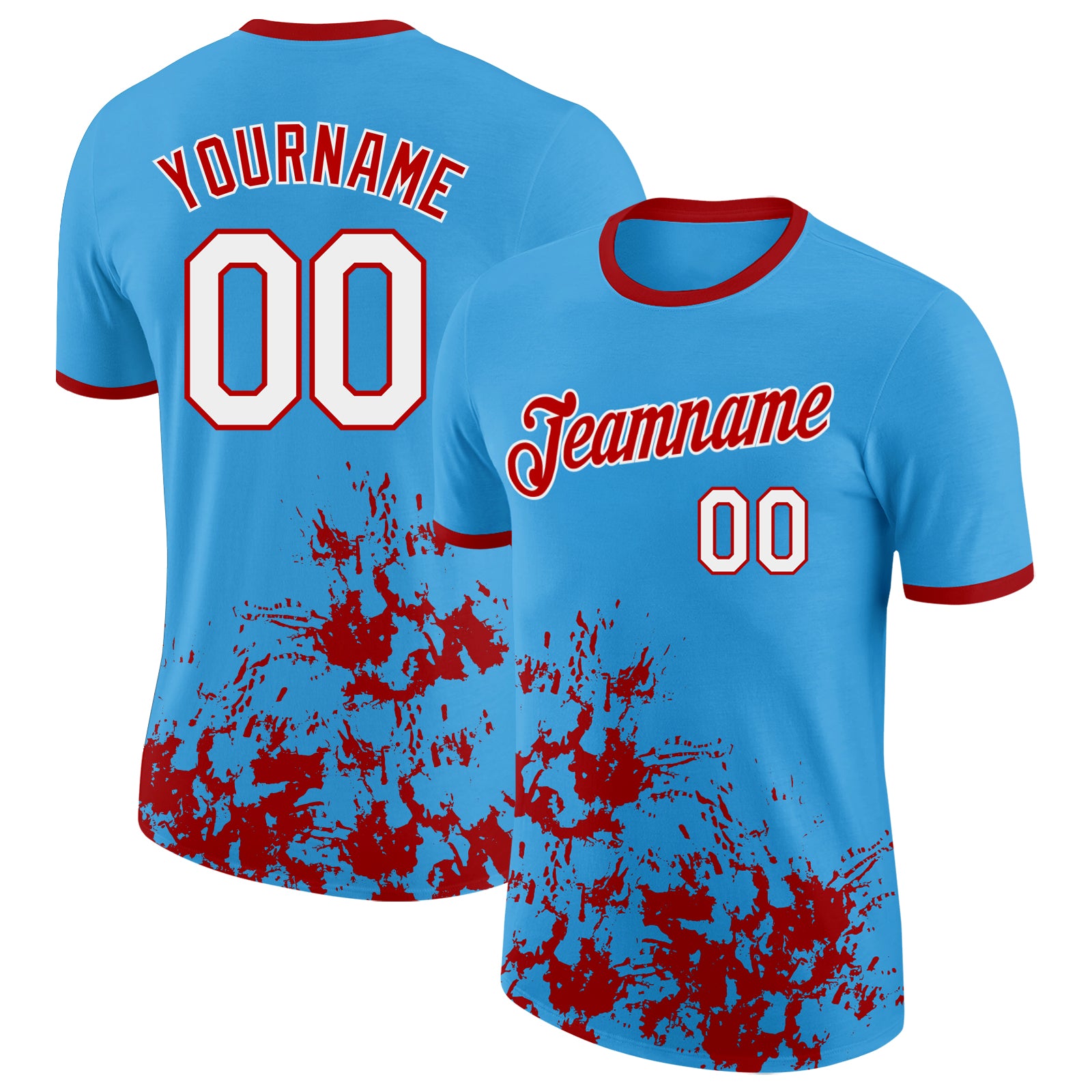 Custom Sky Blue White-Red Brush Stroke Splatter Performance T-Shirt