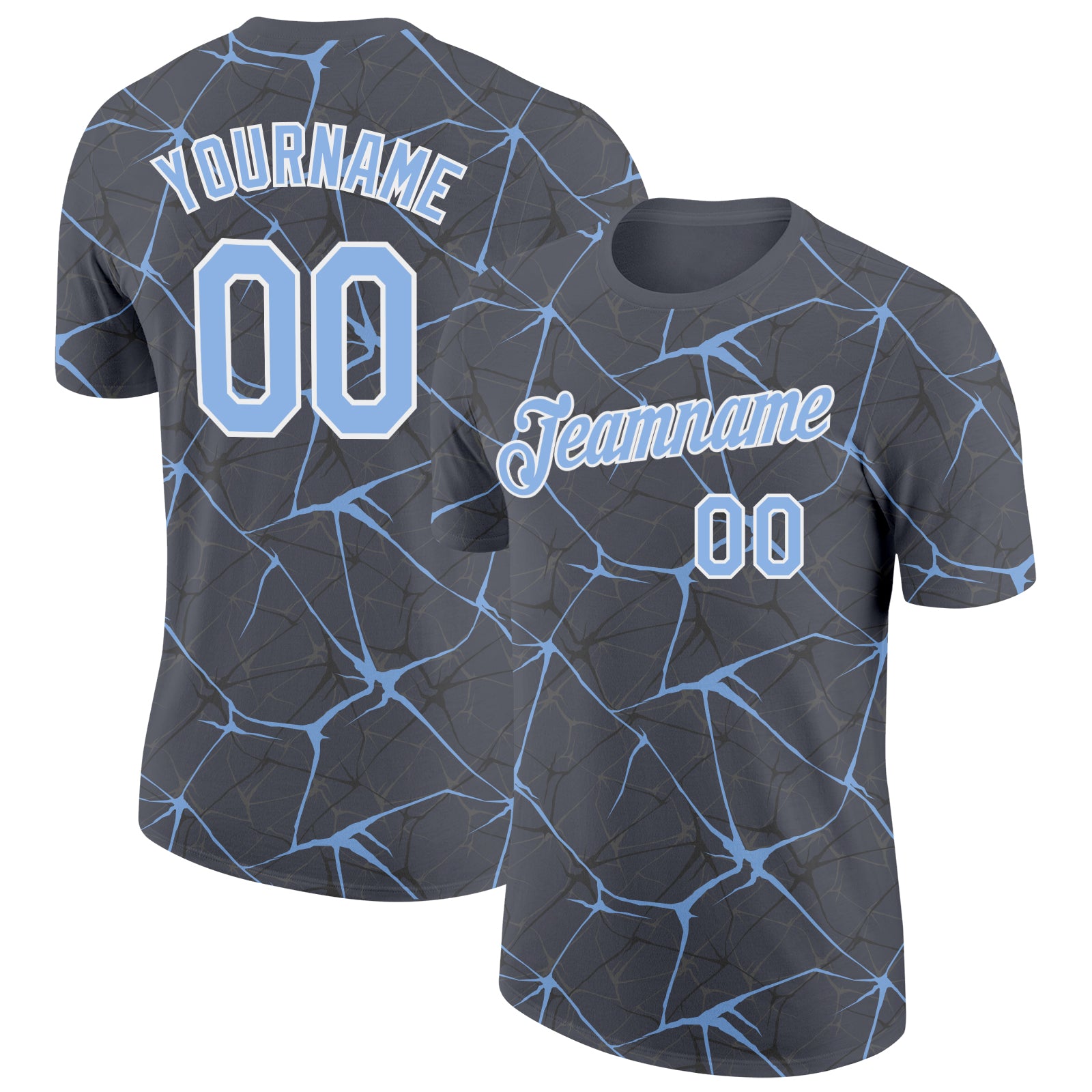 Custom Steel Gray Light Blue-White Abstract Network Crackle Performance T-Shirt