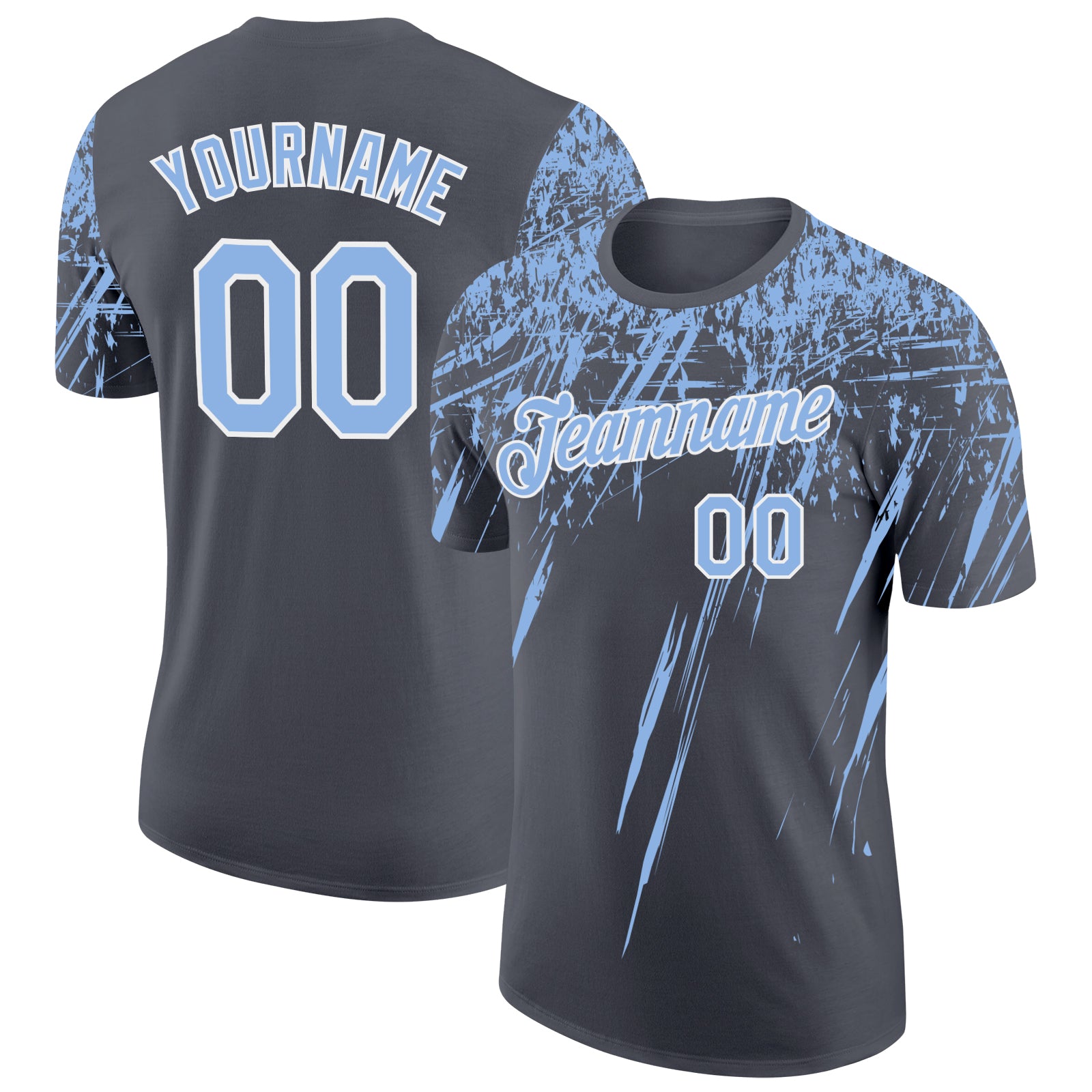 Custom Steel Gray Light Blue-White Distressed Scratch Brush Stroke Performance T-Shirt