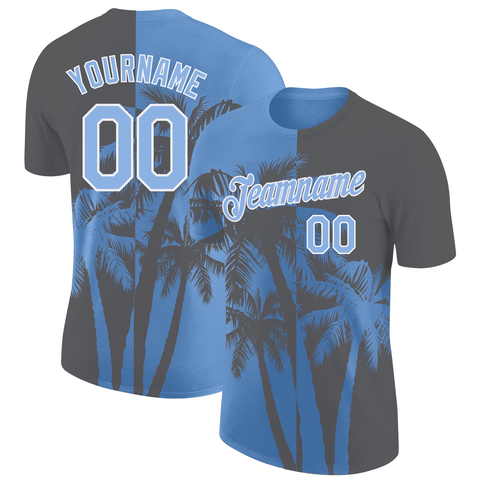 Custom Steel Gray Light Blue-White Hawaii Tropical Coastal Palm Trees Performance T-Shirt